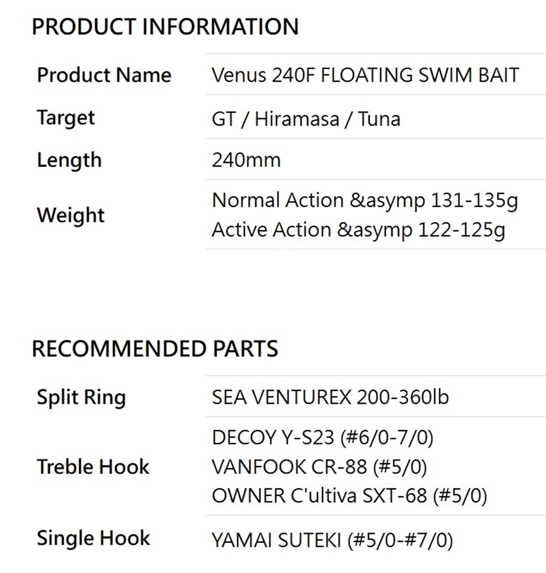 Sea VentureX Stickbait Venus 240F Normal Floating Lure 135g Tobiuo (0775)