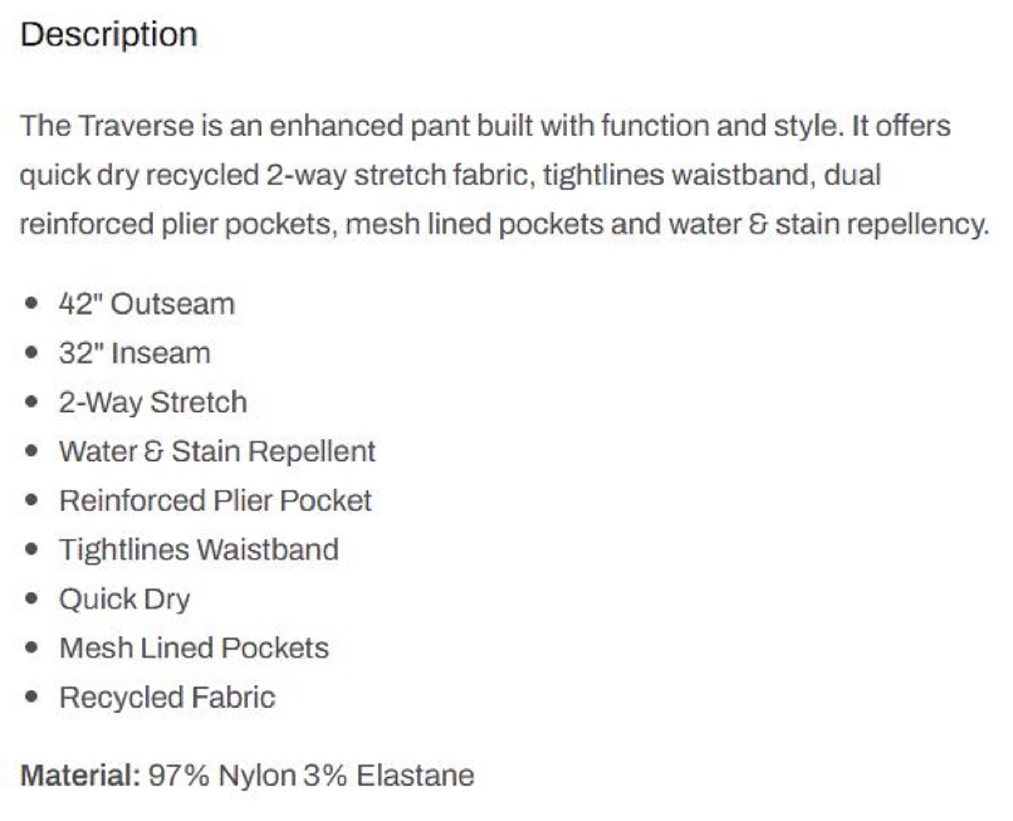 Pelagic 1040 Pants Stretch Pants Long Traverse LGY Size 30 (6353)