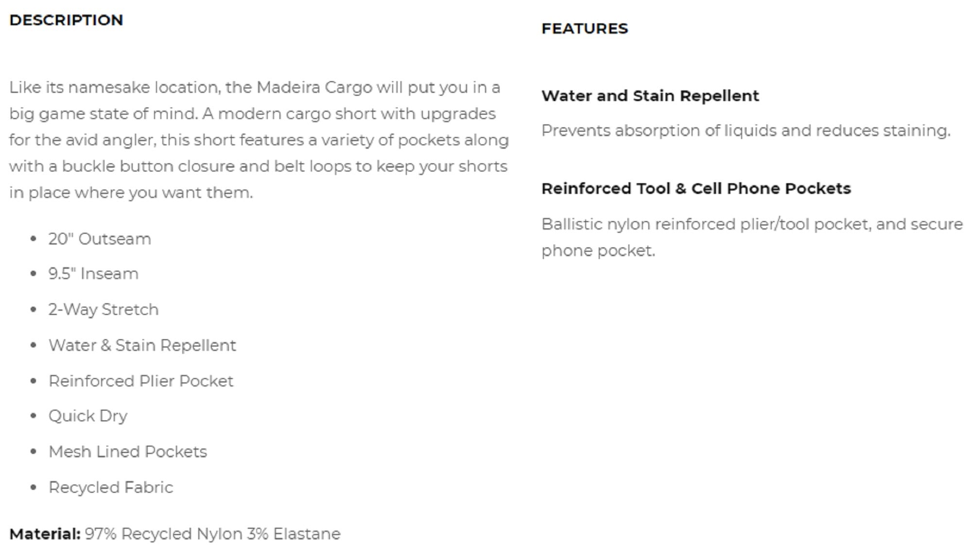 Pelagic 1002 Shorts Hybrid 20 Inches Madeira Cargo BLK Size 36 (3882)