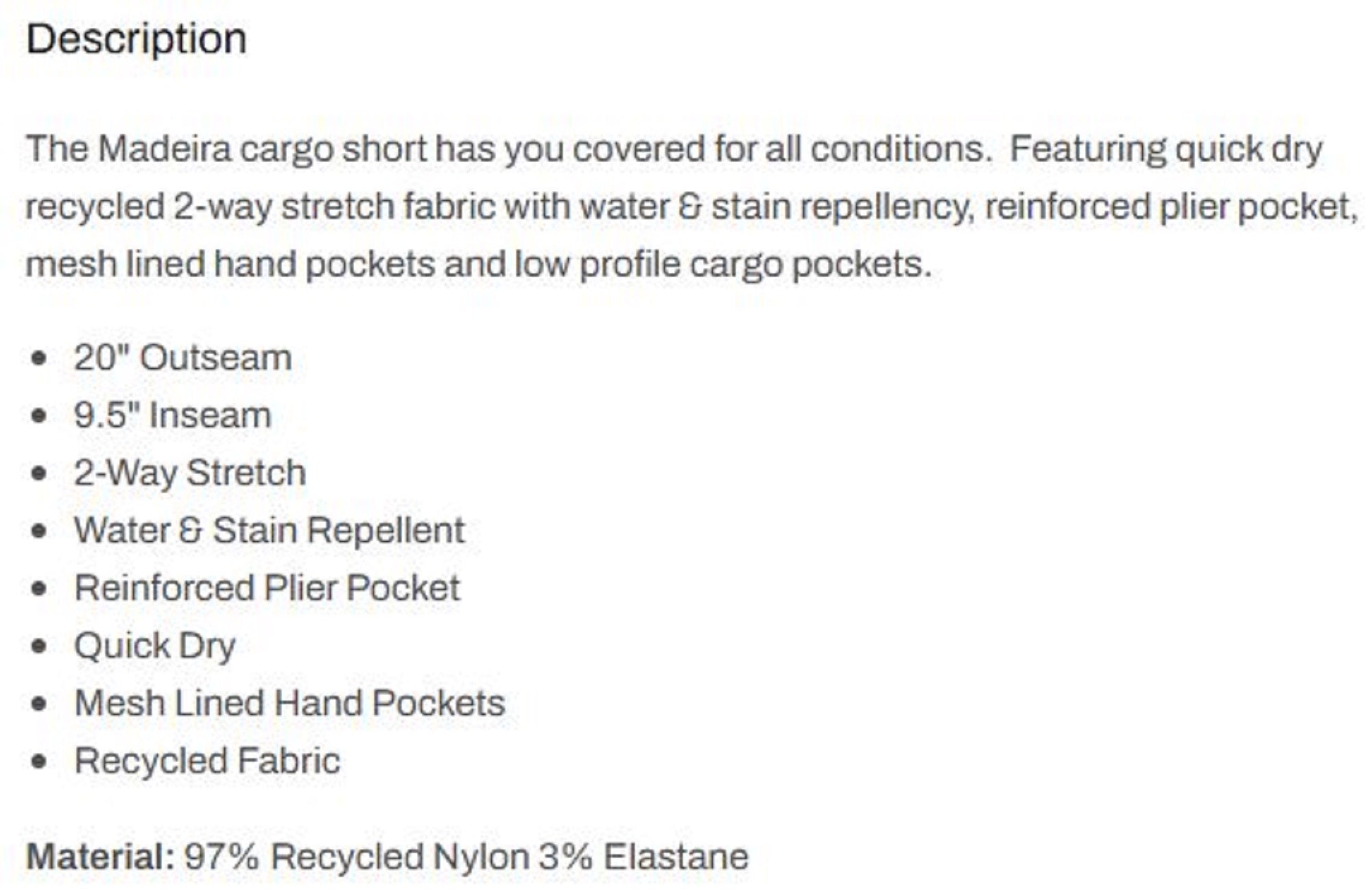 Pelagic 1002 Shorts Hybrid 20 Inches Madeira Cargo BLK Size 38 (3899)