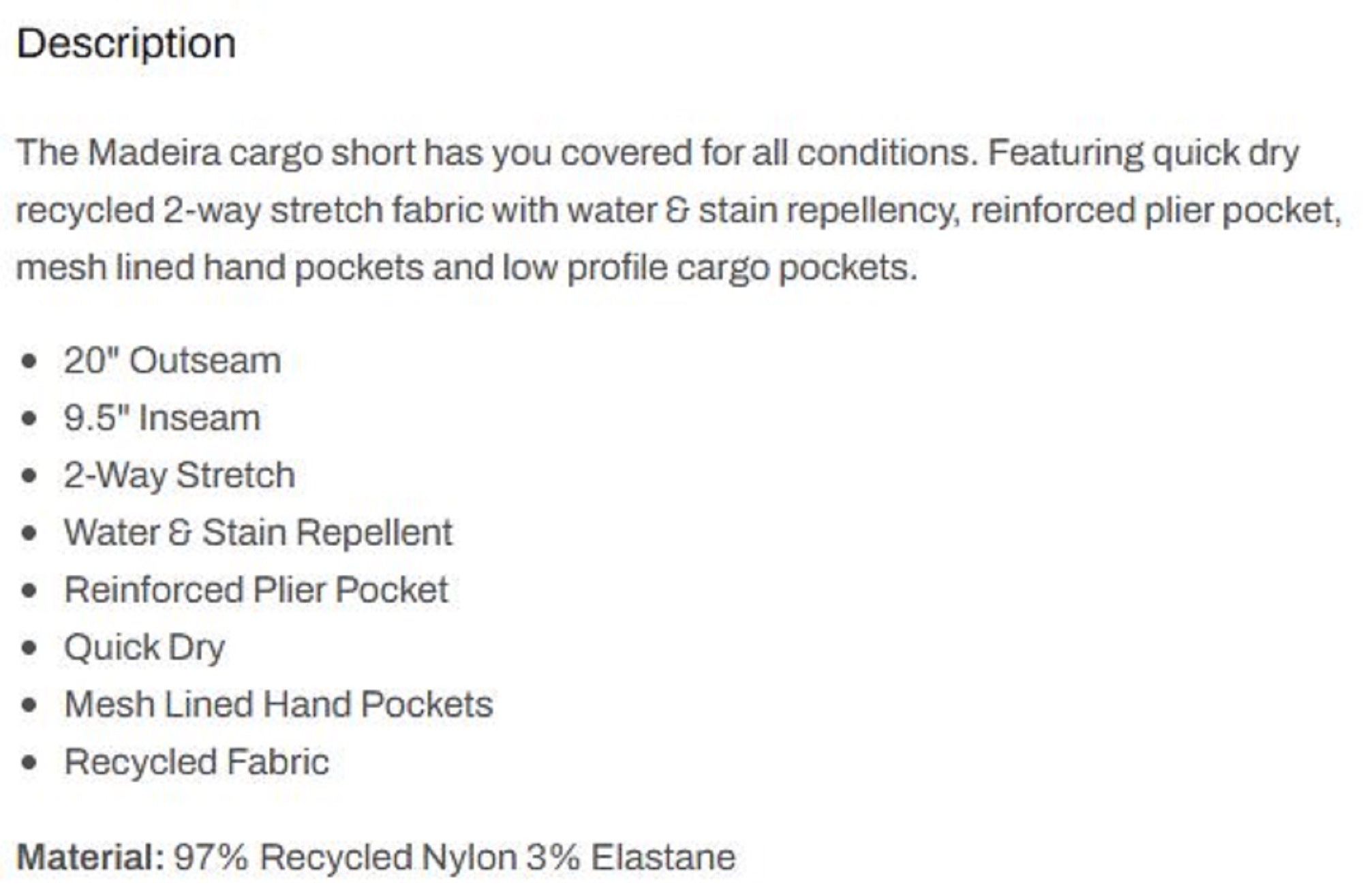 Pelagic 1002 Shorts Hybrid 20 Inches Madeira Cargo GRA Size 34 (3967)