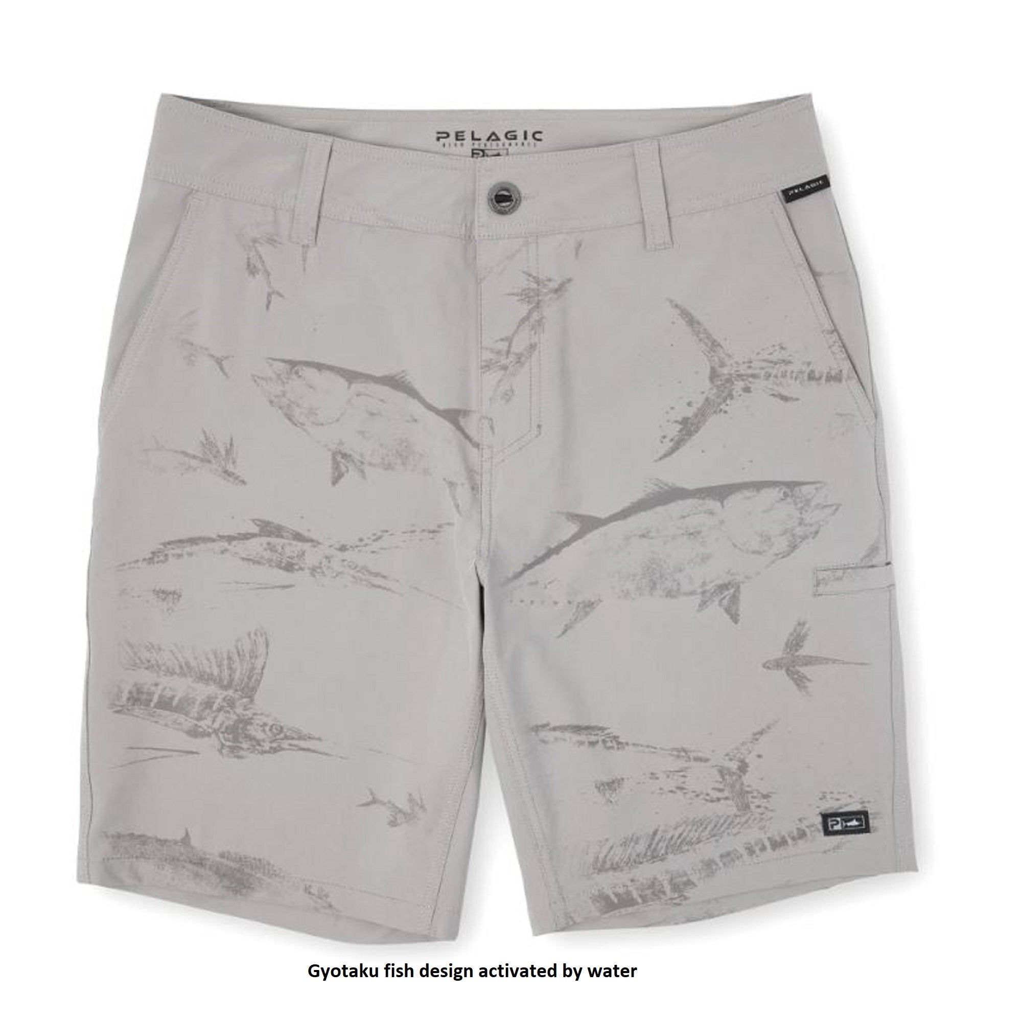 Pelagic 1002 Shorts Hybrid 20 Inches Mako Hydro Gyotaku GRY Size 32 (9456)