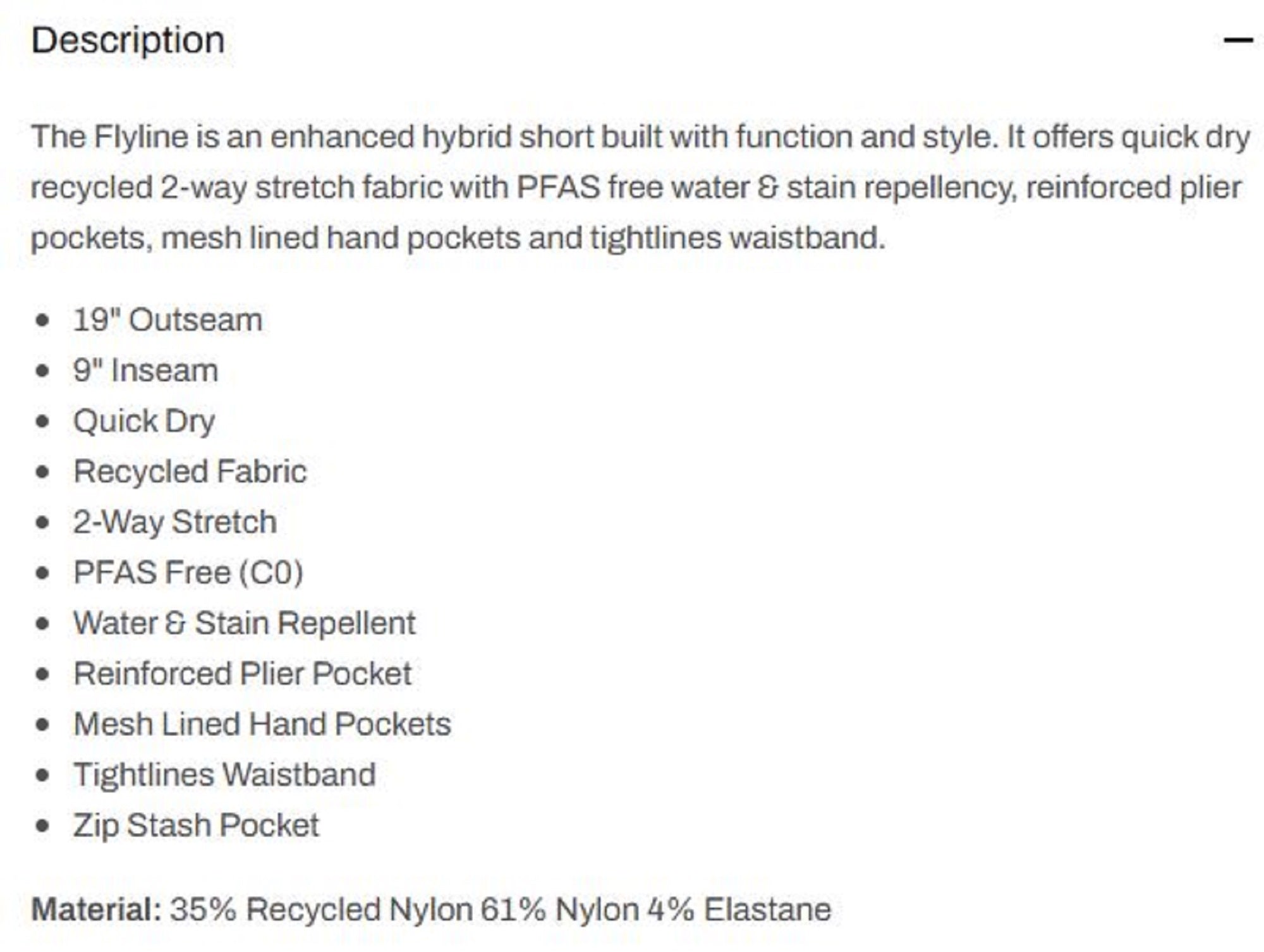 Pelagic 1002 Shorts Hybrid 19 Inches Flyline GRA Size 33 (9476)
