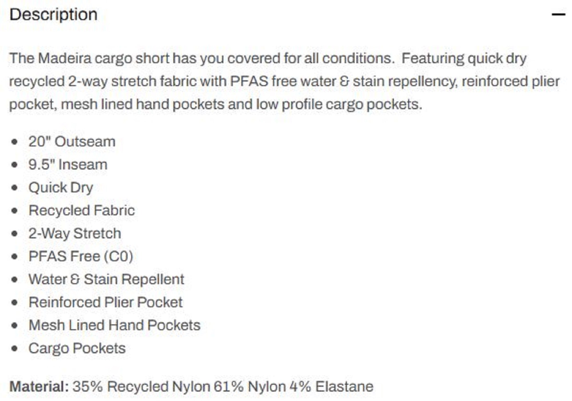 Pelagic 1002 Shorts Hybrid 20 Inches Madeira Brush GRA Size 34 (9759)