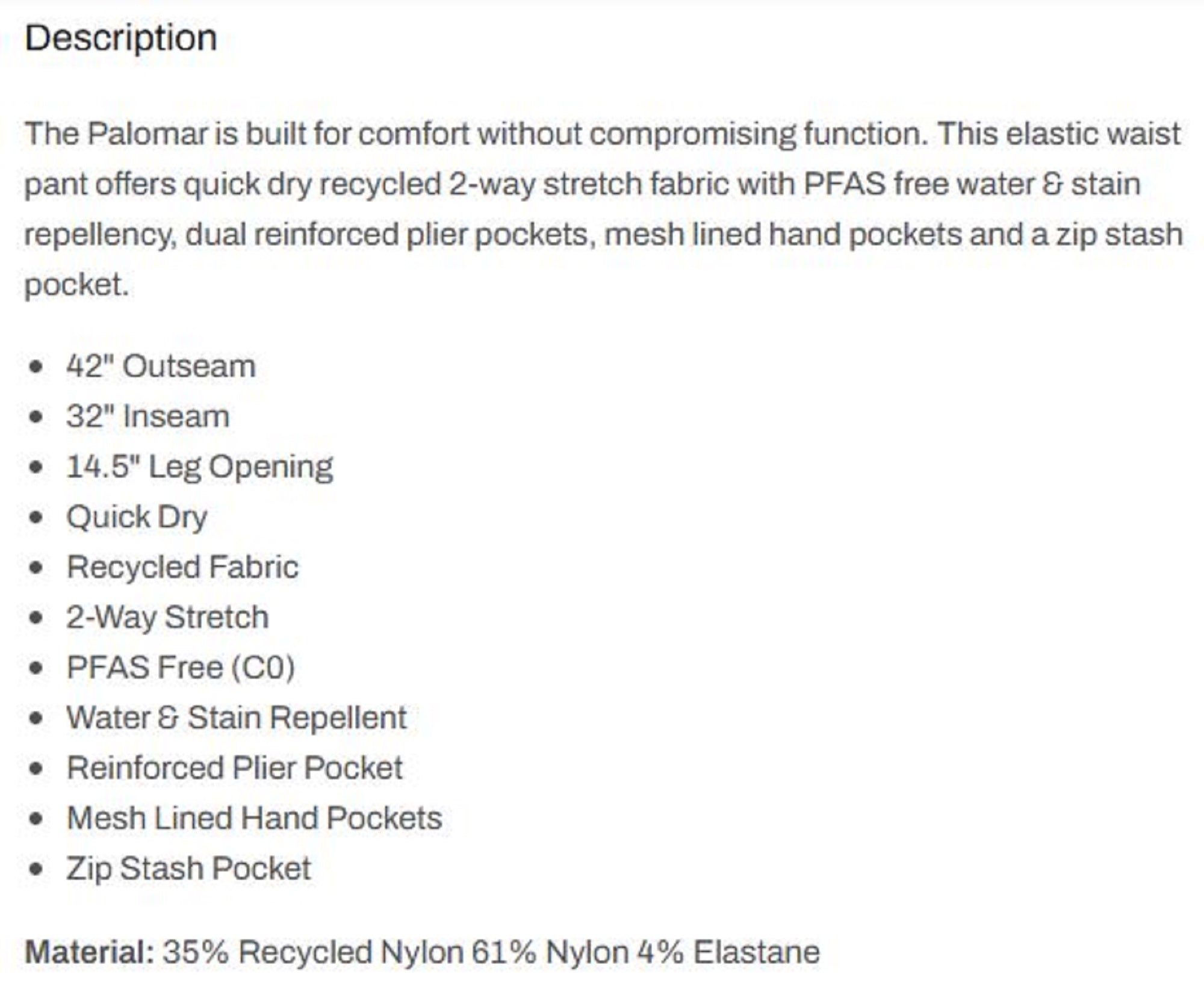 Pelagic 1044 Pants Palomar Elastic Waist Pant DNY Size XL (5735)