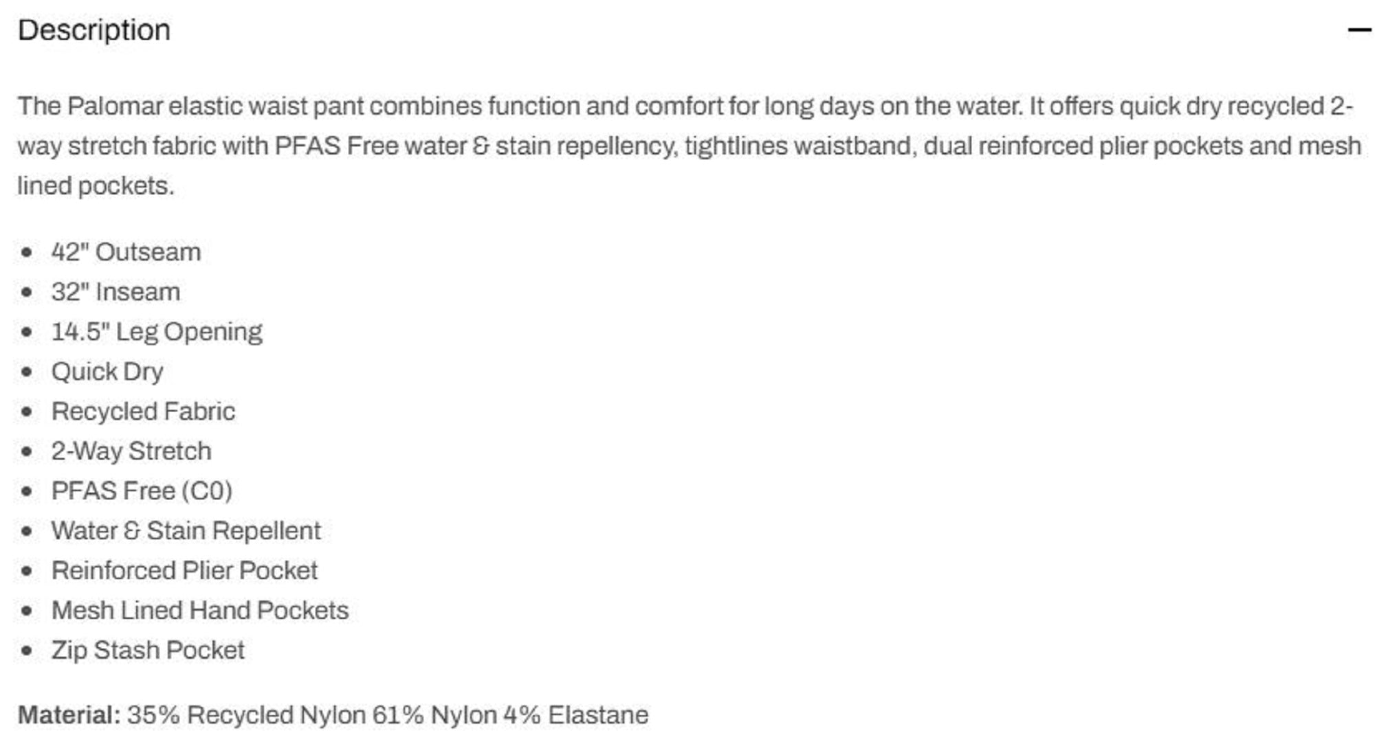 Pelagic 1044 Pants Palomar Elastic Waist Pant GRA Size L (0664)