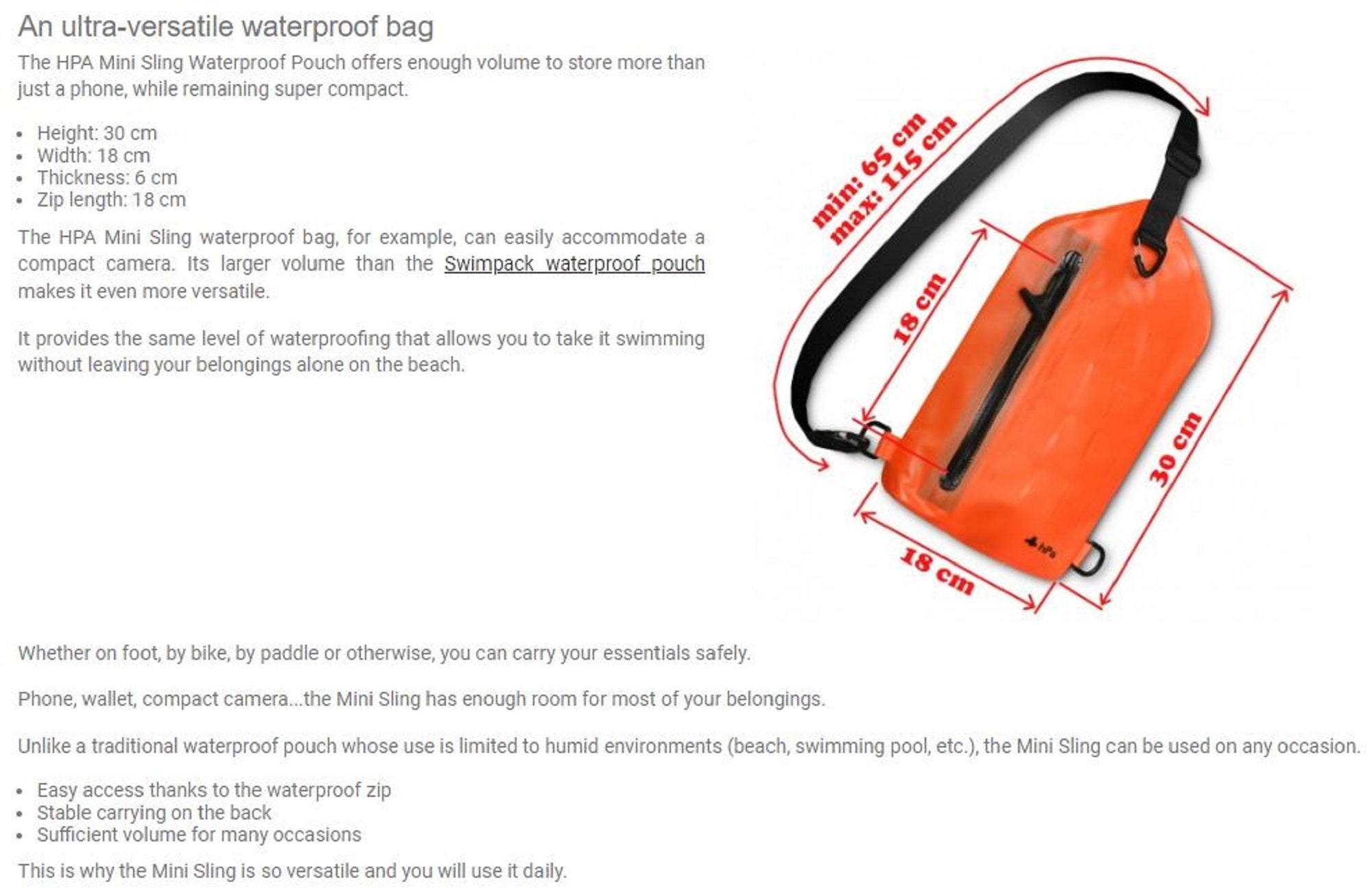 HPA Mini Sling Waterproof Bag 30 x 18 x 6cm Orange (0599)