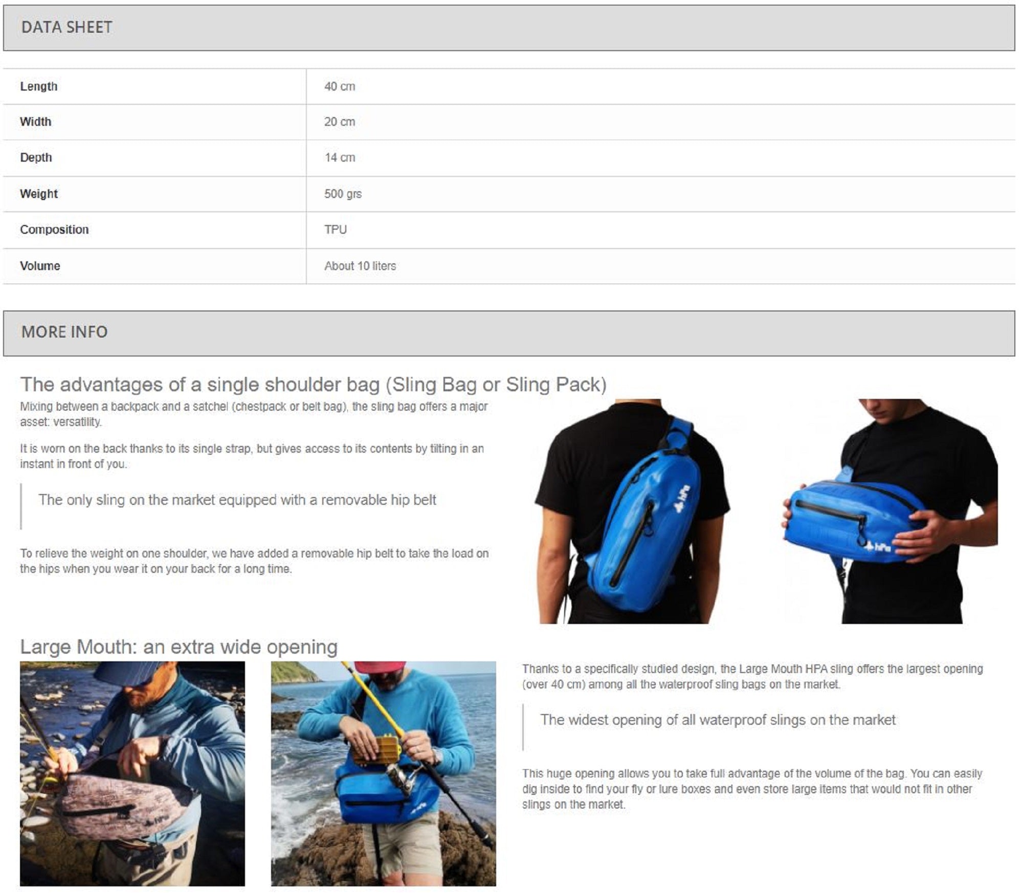 HPA Large Mouth Sling Bag 40 x 20 x 14 cm 10 litres Black (0115)