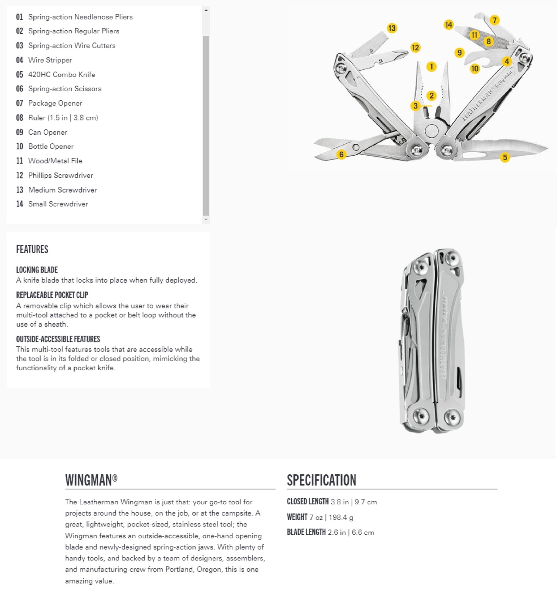 Leatherman YL832522 Wingman Multi Tool 13 Functions (0645)