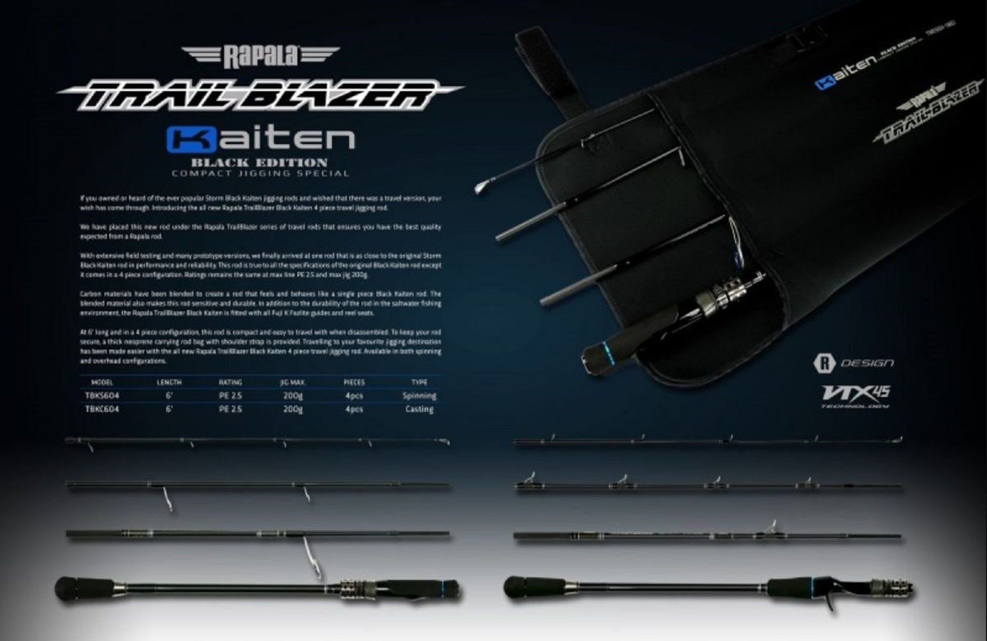 Rapala Rod Spinning Black Kaiten TBKS604 (4500)