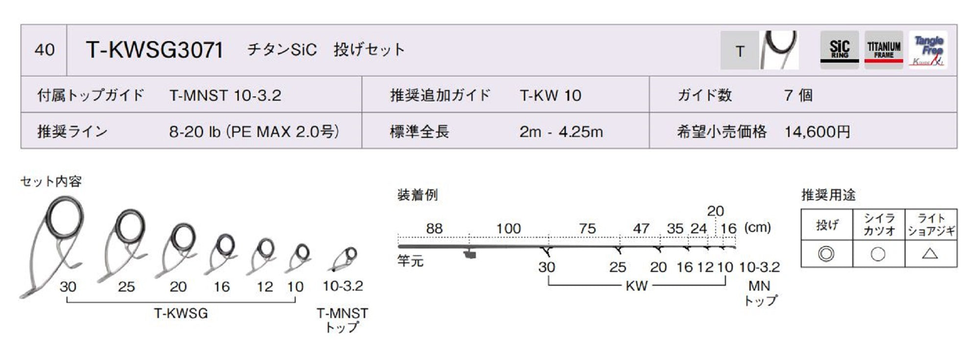 Fuji T-KWSG Size 3071 Rod Guide SIC Titanium Frame Set (9279)