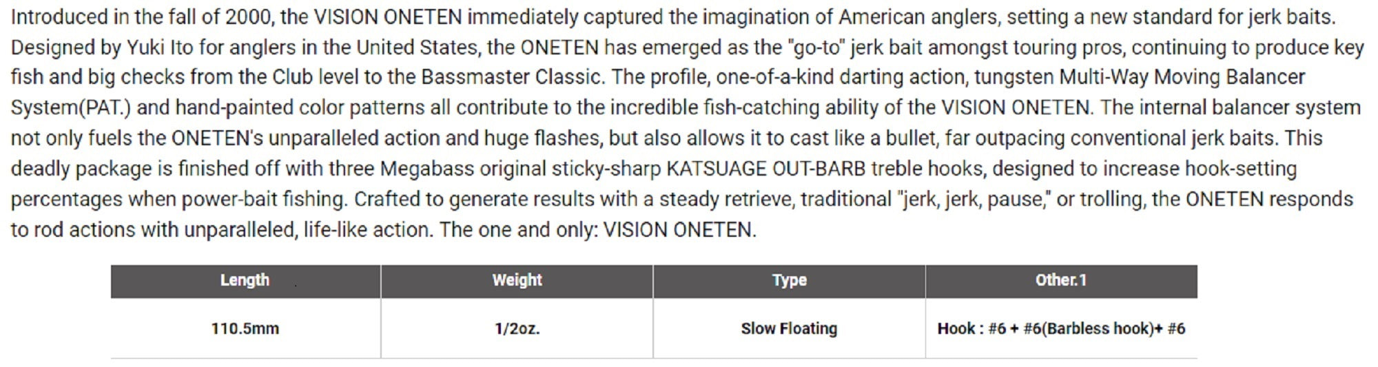 Megabass Vision 110 Oneten Regular Slow Floating Lure GG Kinkuro (0543)