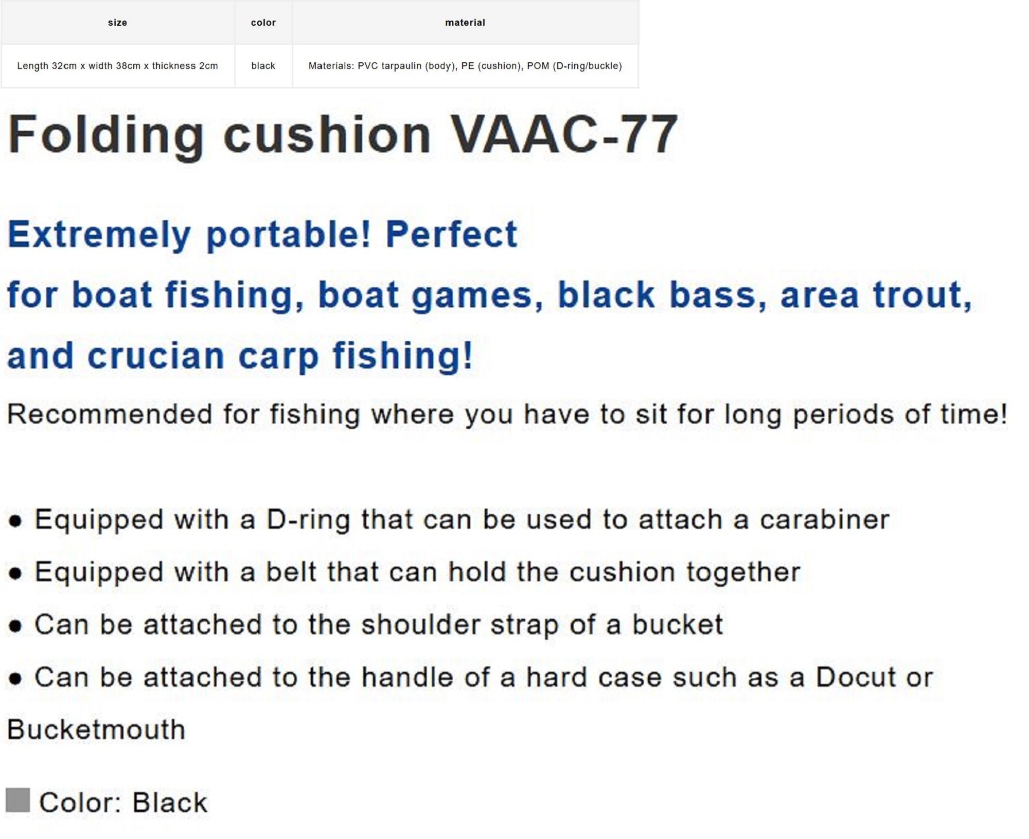 Varivas VAAC-77 Folding Seat Cushion 320 x 38 x 2 cm Black (0648)