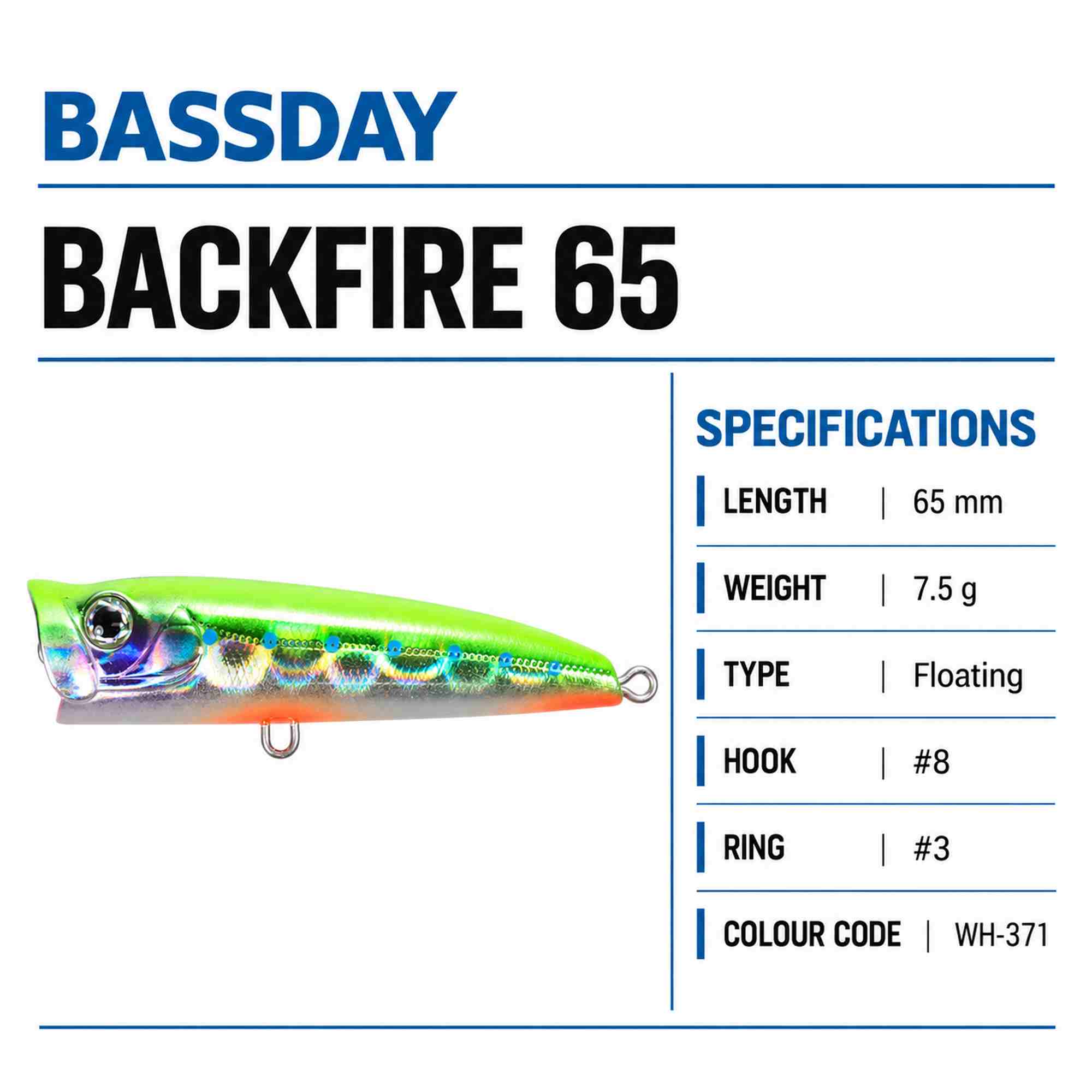 Bassday Backfire 65 Popper Floating Lure WH-371 (9421)