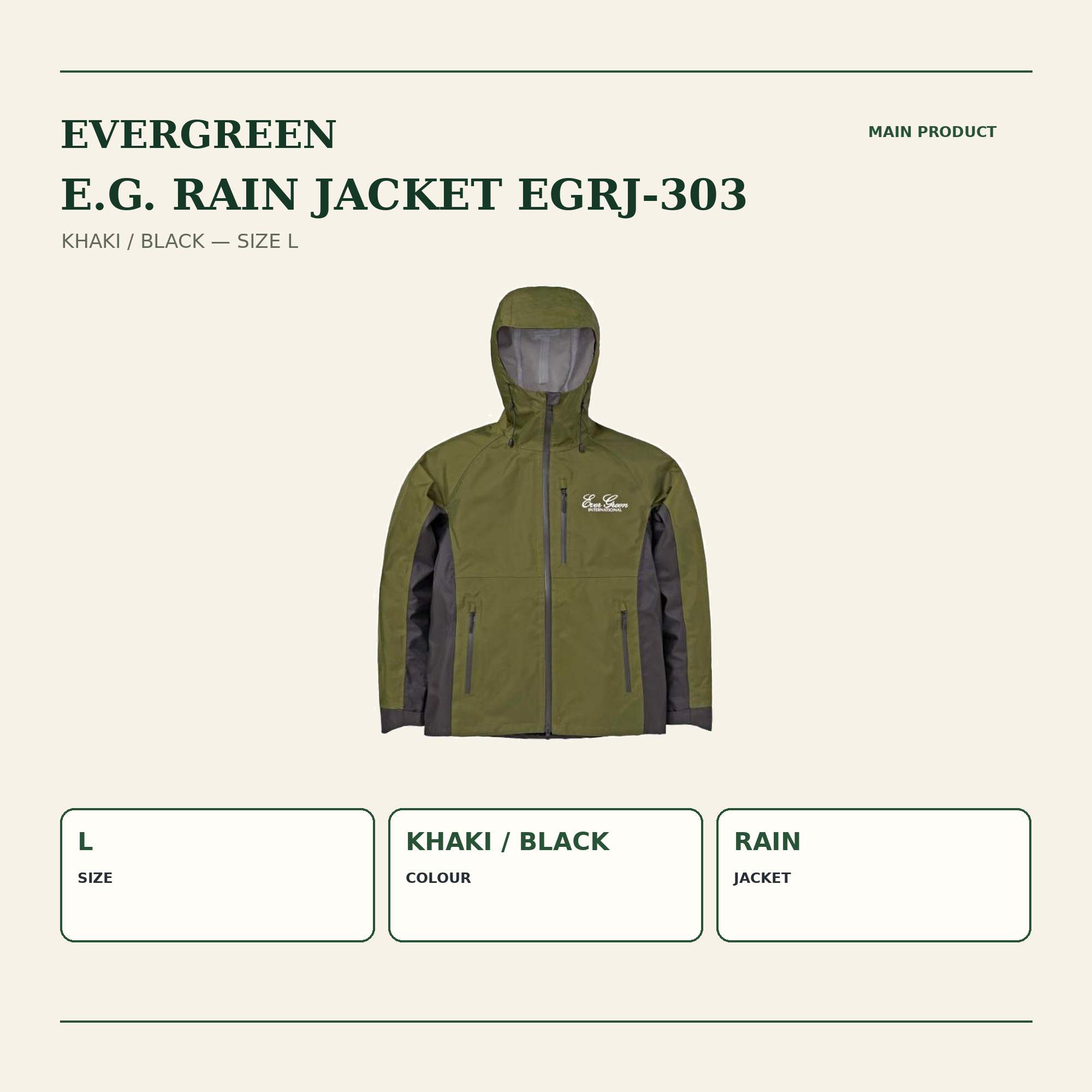 Evergreen Rain Jacket EGRJ-303 Size L Khaki Black (2848)