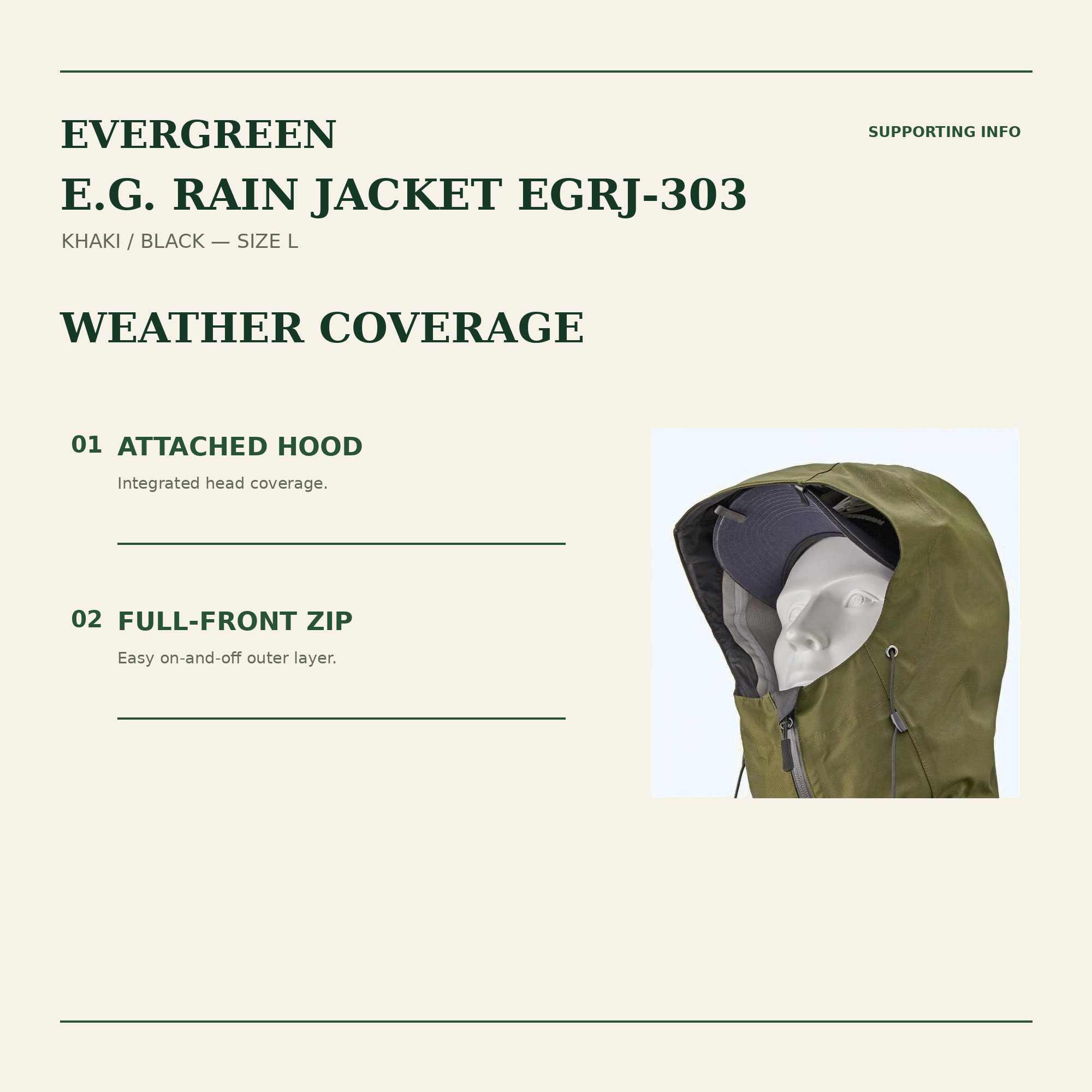 Evergreen Rain Jacket EGRJ-303 Size L Khaki Black (2848)