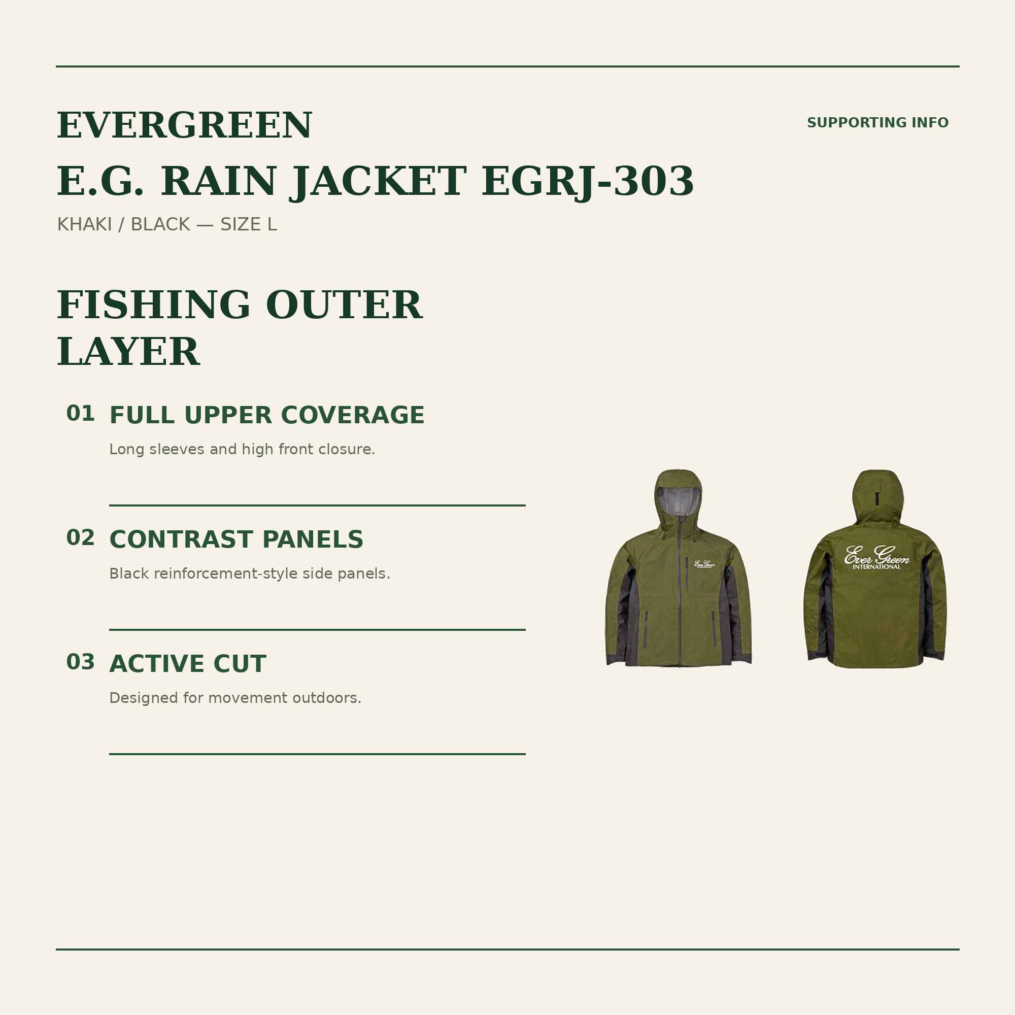 Evergreen Rain Jacket EGRJ-303 Size L Khaki Black (2848)