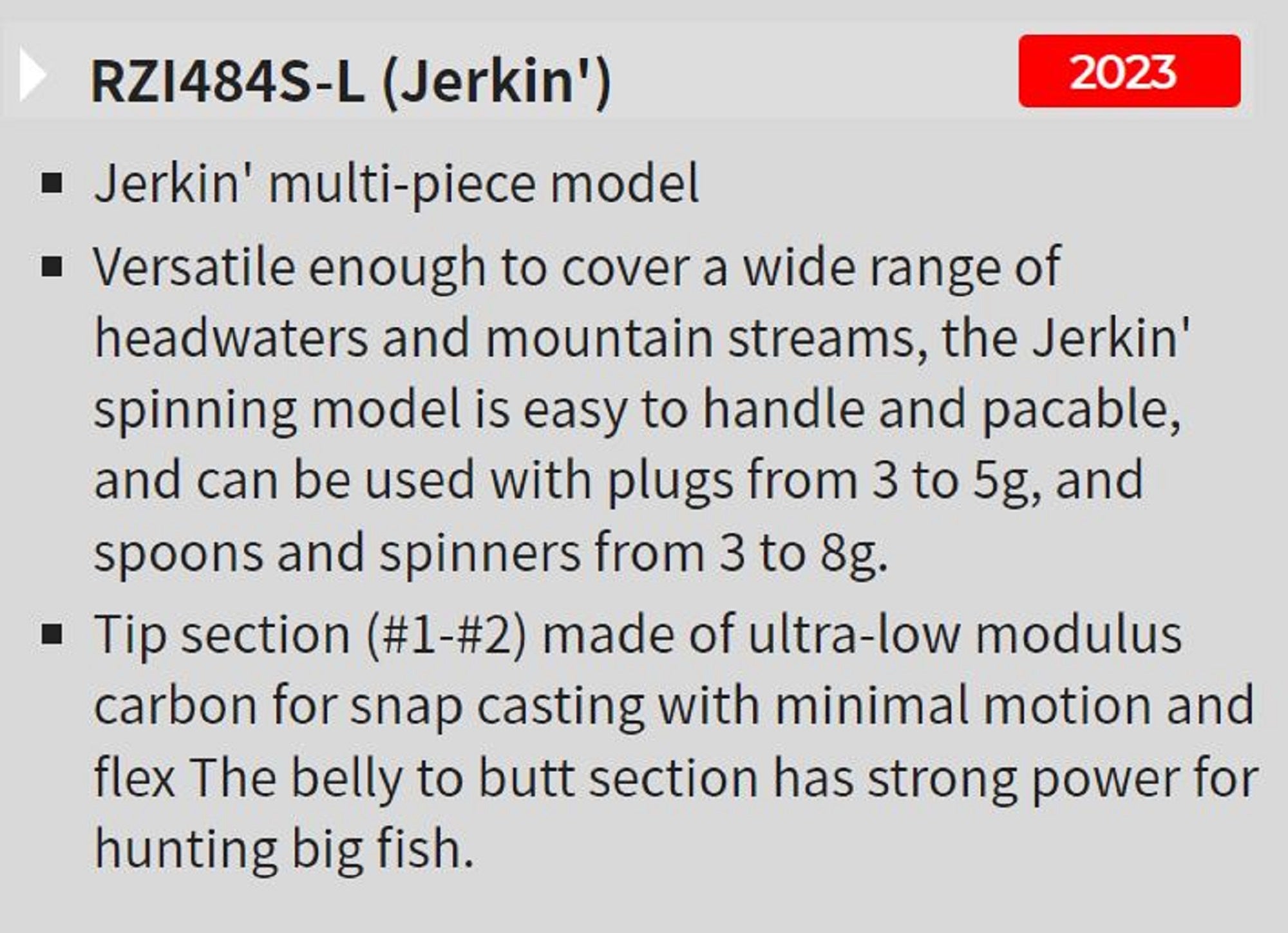 Tenryu Rod Baitcast Rayz Integral RZI 484B-L Jerkin-4 Section (2703)