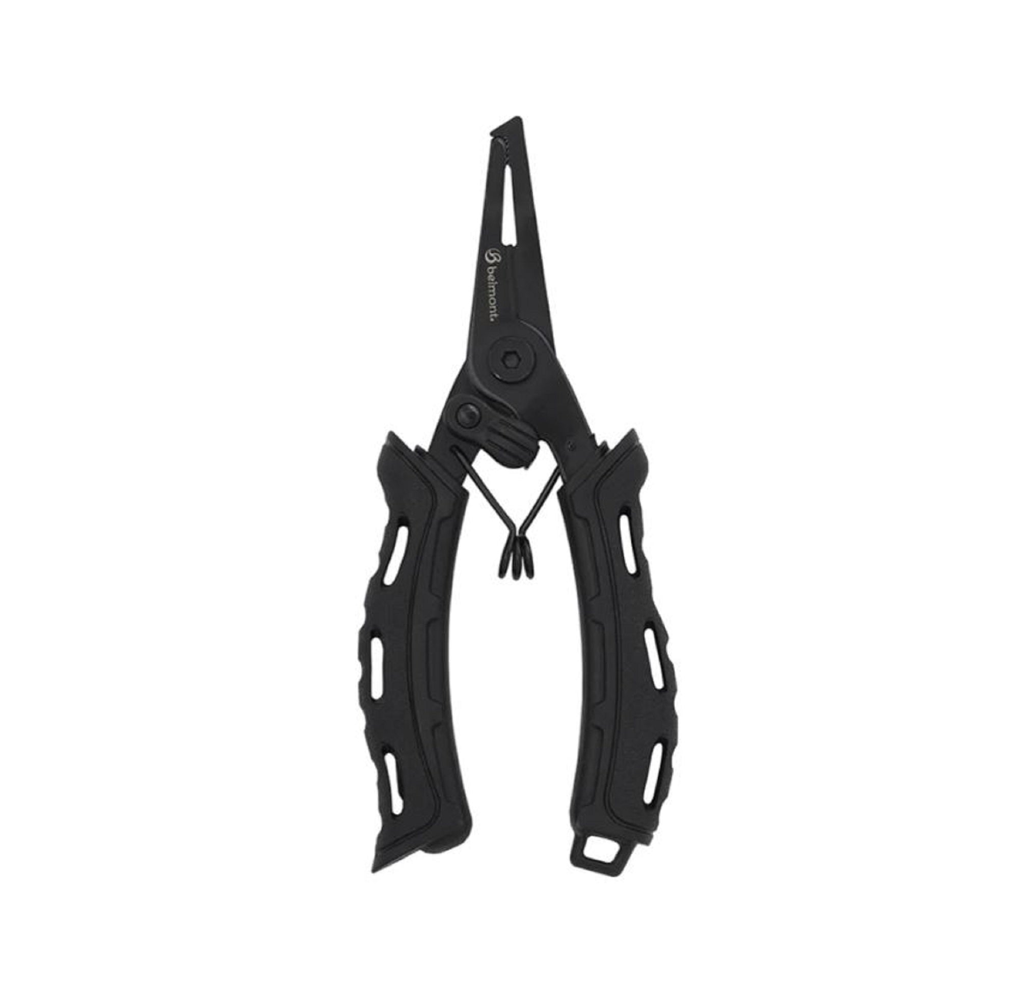 Black multi-tool with various components on a white background