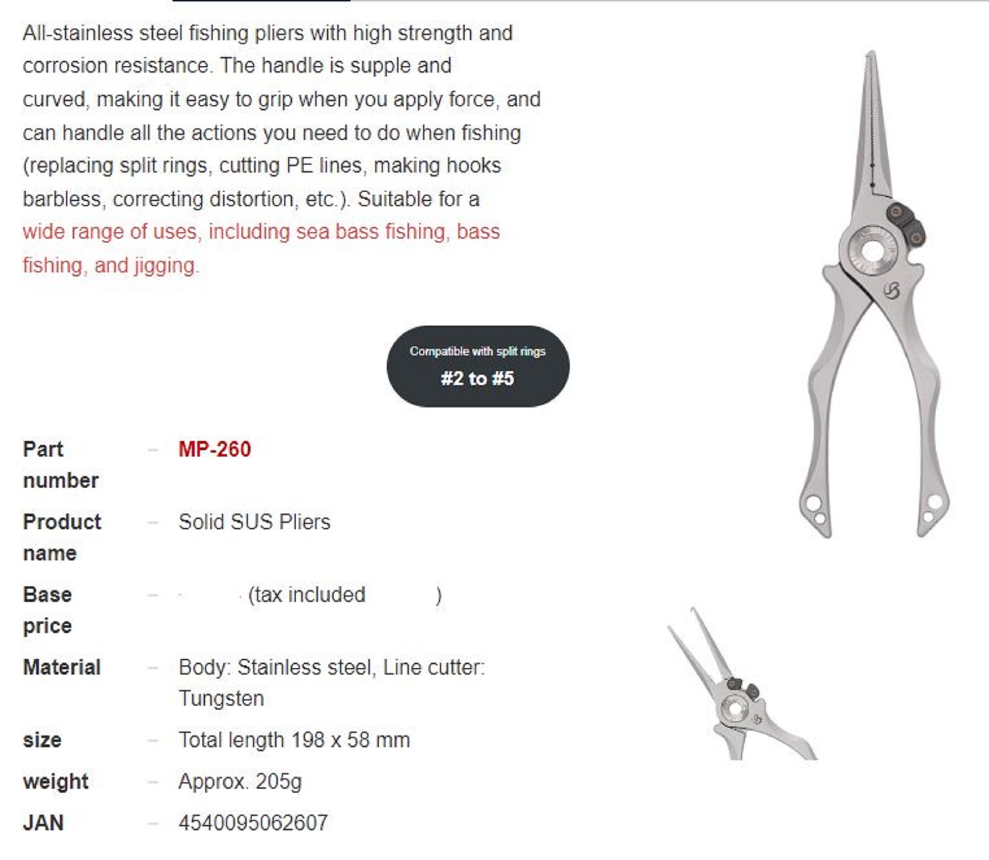 Belmont MP-260 Pliers SUS Stainless 198 x 58mm 205 grams Silver (2607)