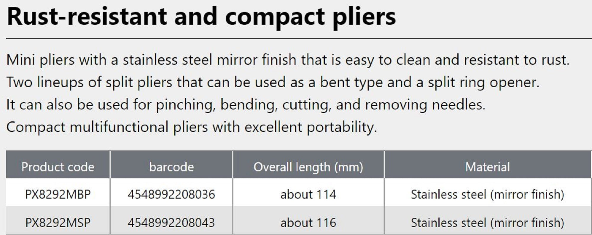 Prox PX8292MSP Straight Tip Split Ring Plier Size 2-5 11.5 cm (8043)