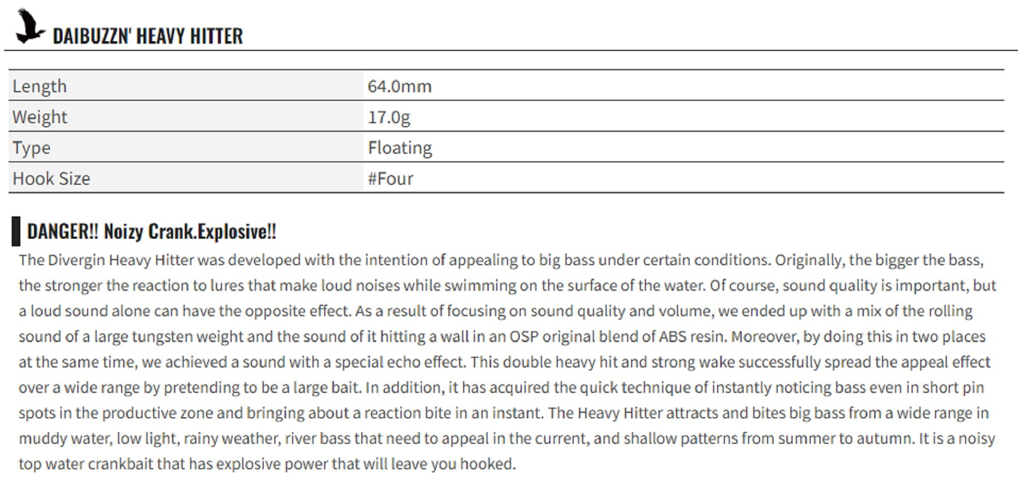 OSP DaiBuzzn' Heavy Hitter 64 mm 17 grams Floating Lure PL-07 (6822)