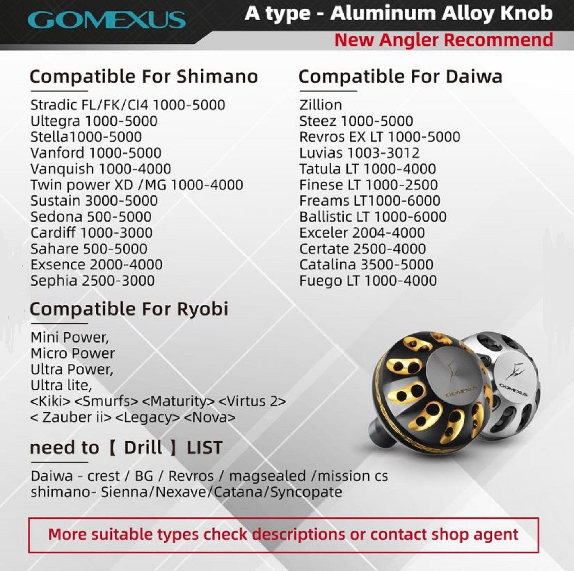 Gomexus A38BKBKSR-G Knob Alu Black Silver 38mm Shimano A , Daiwa S (1489)