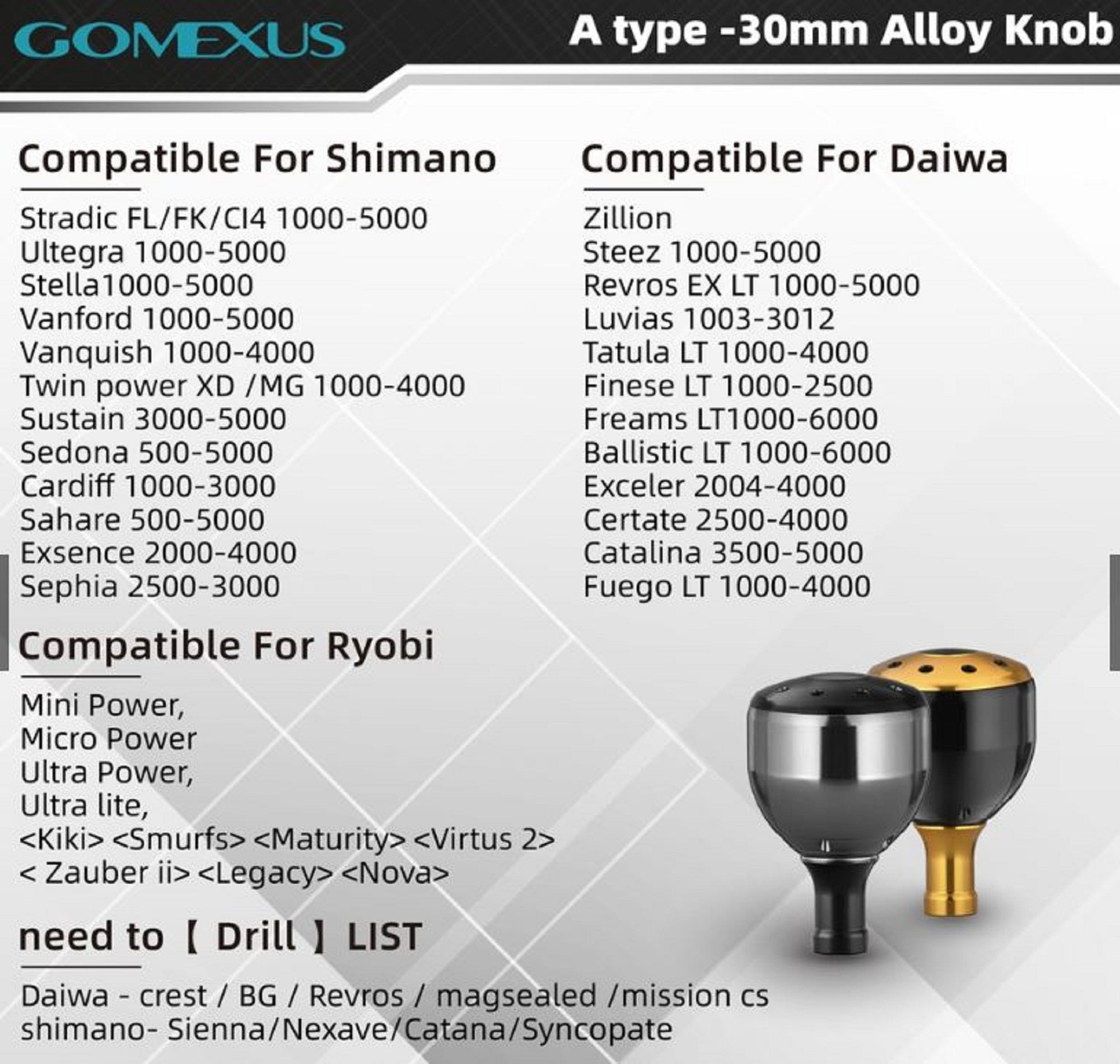 Gomexus A30SKBK-G Knob Alu Smoke Black 30mm Shimano A , Daiwa S (2639)