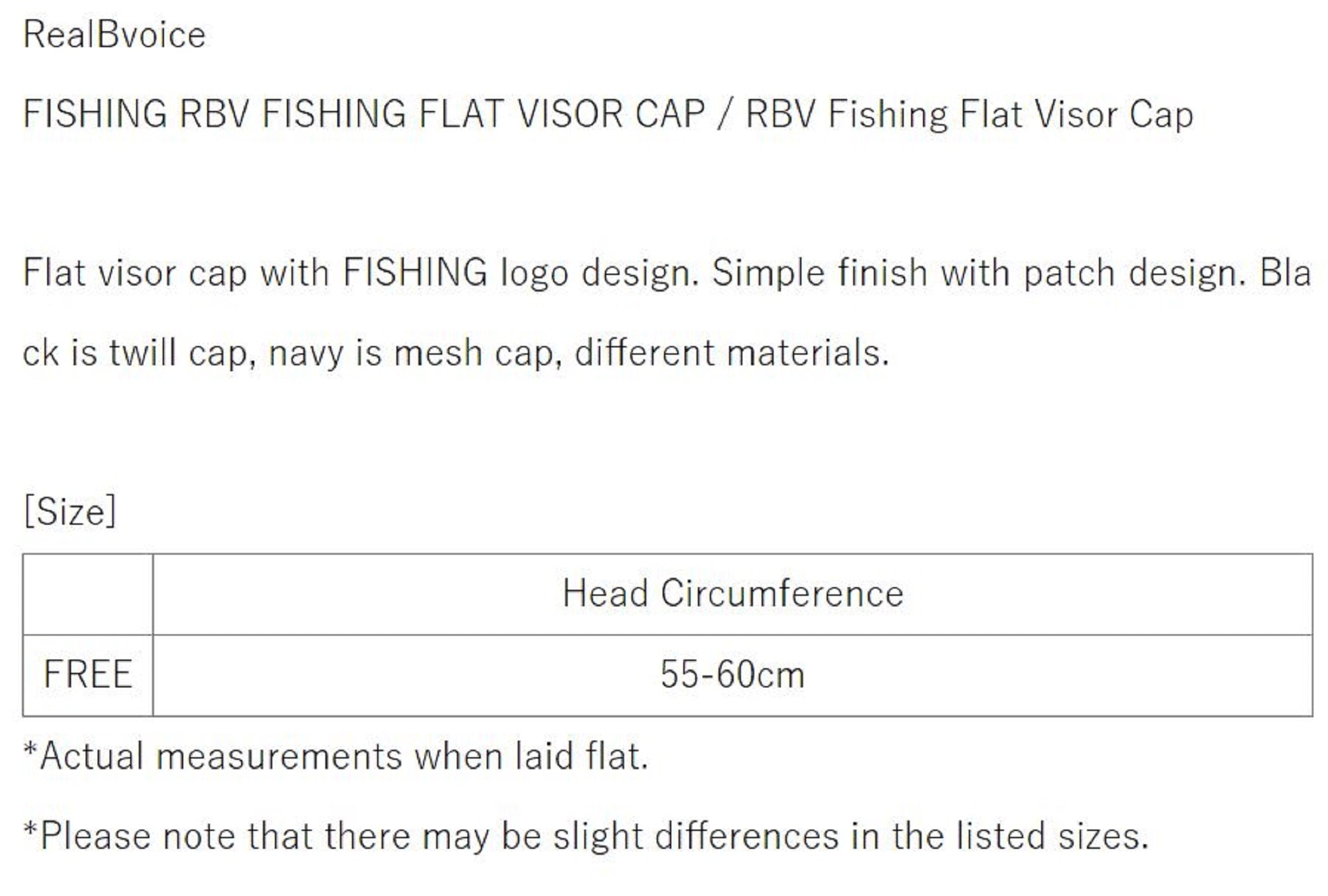 Real B Voice FH-016 Cap Flat Size Free Black Mesh (3800)