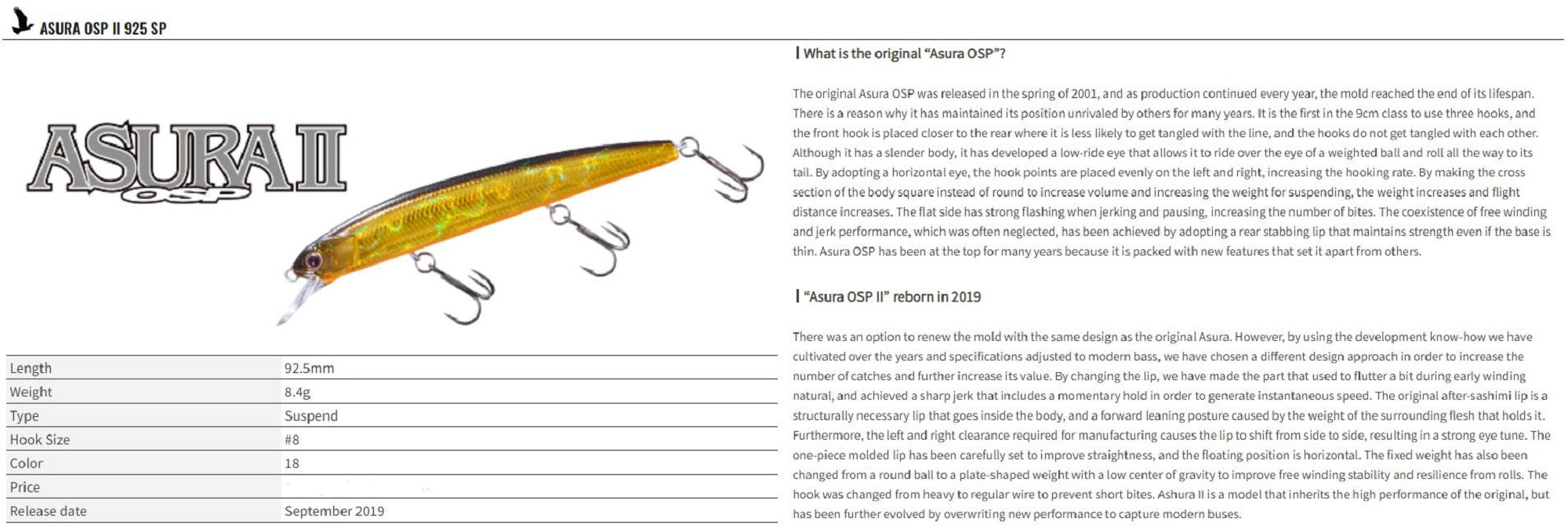 OSP Asura II 92.5 mm 8.4 grams Suspend Lure H-09 (7905)