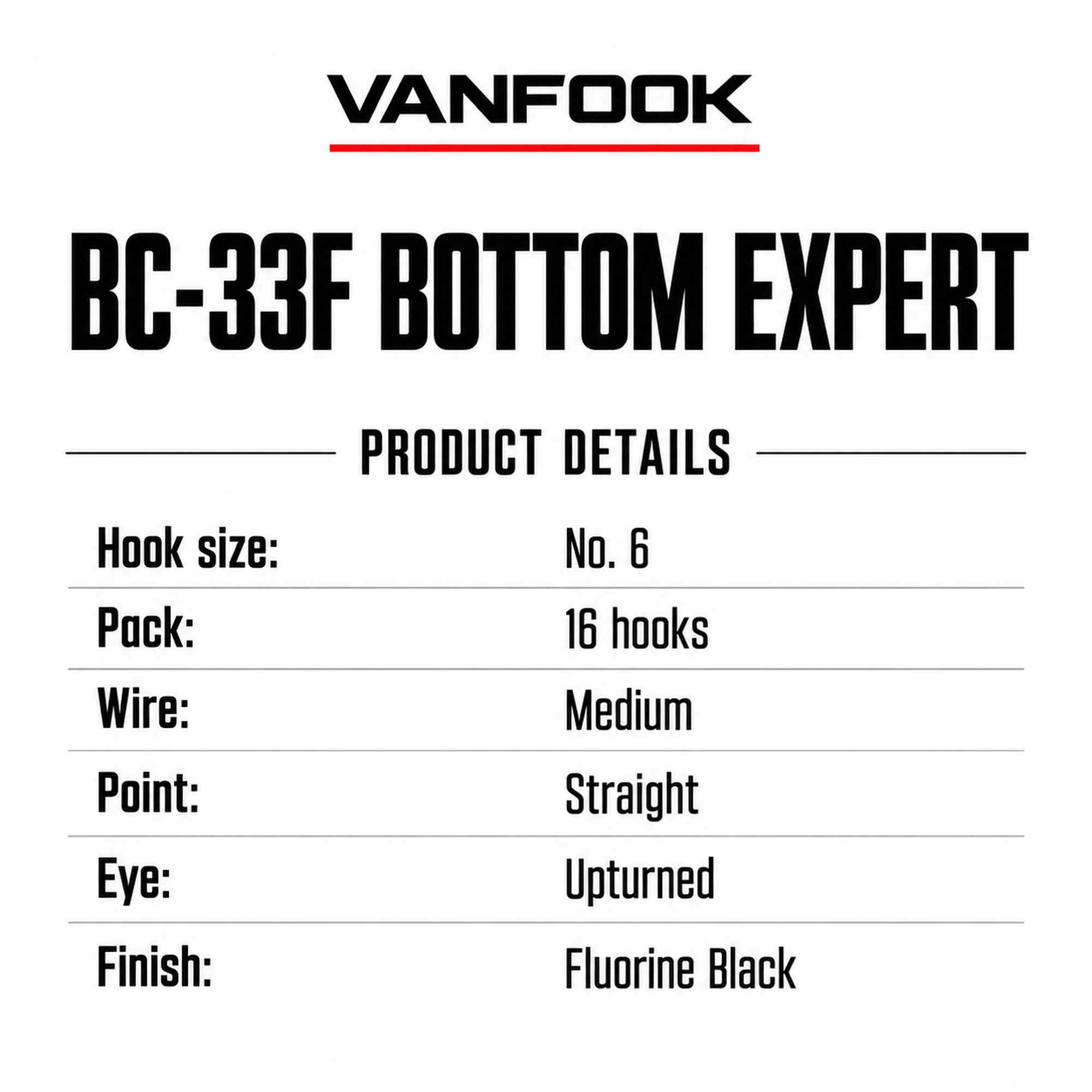 Vanfook BC-33F Bottom Expert Hook Size 6, 16/pack Black (9986)