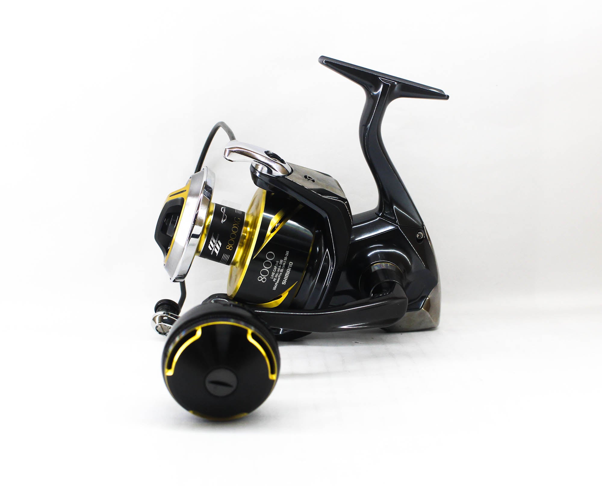Fishing reel with black and yellow design on a white background