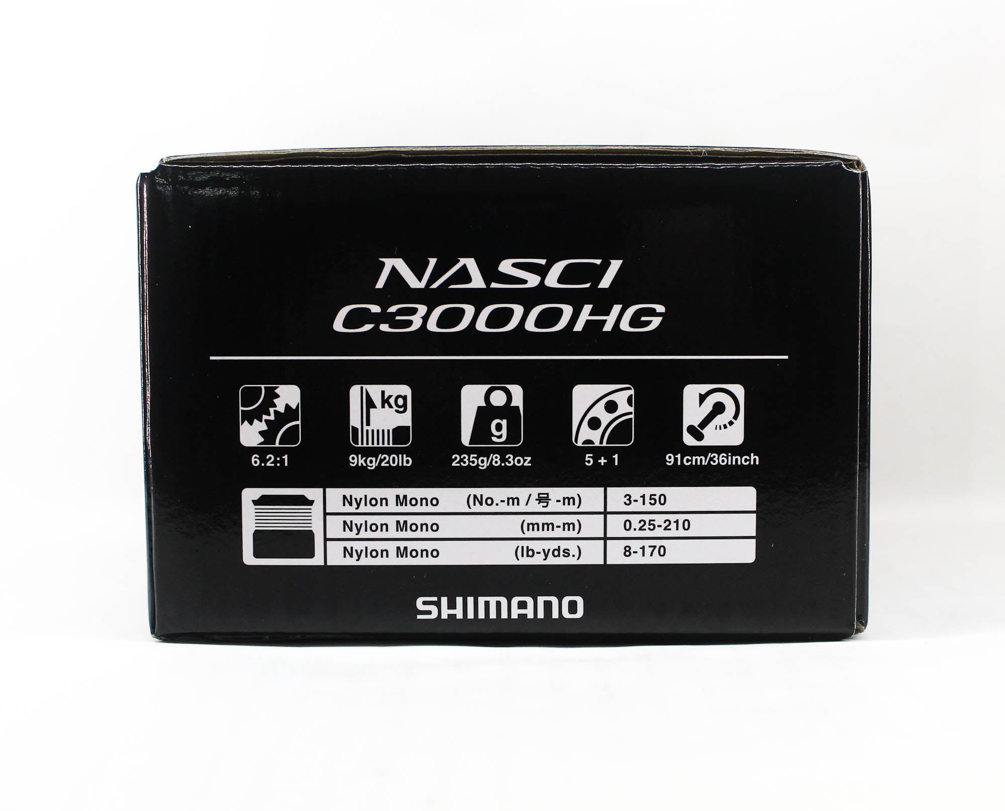 Shimano NASCI C3000HG fishing reel packaging on a white background