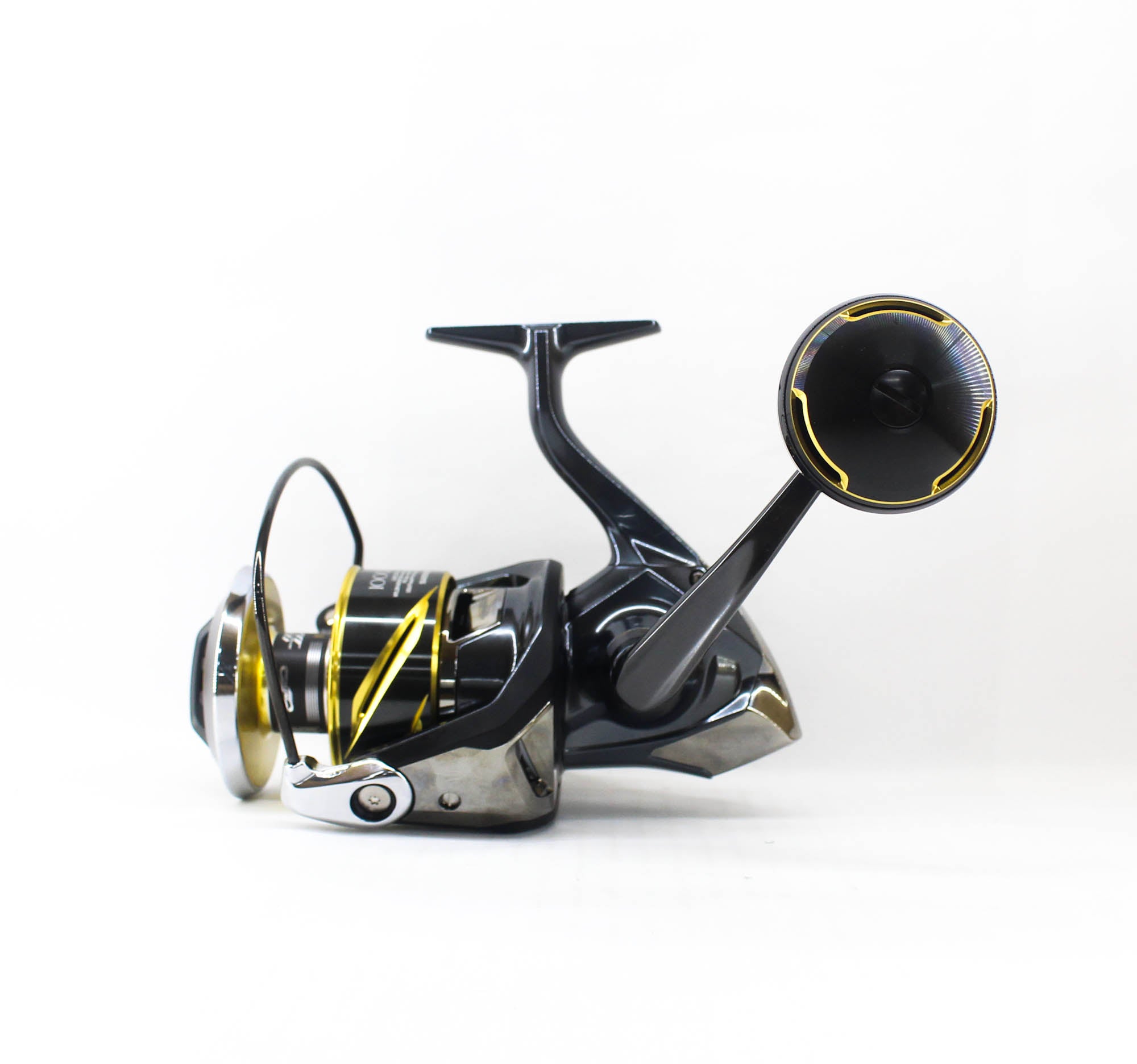 Fishing reel with black and yellow design on a white background