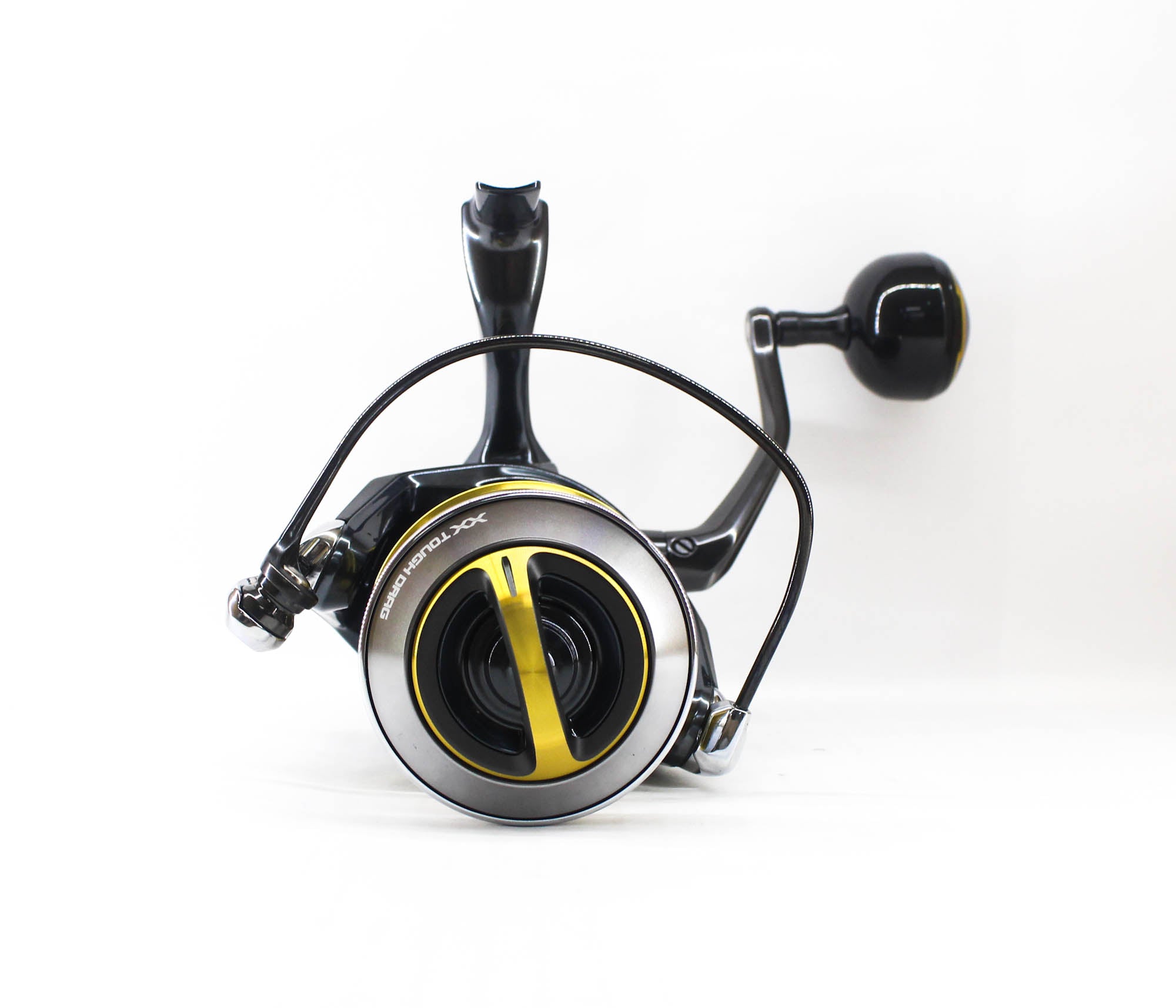 Fishing reel with black and yellow design on a white background