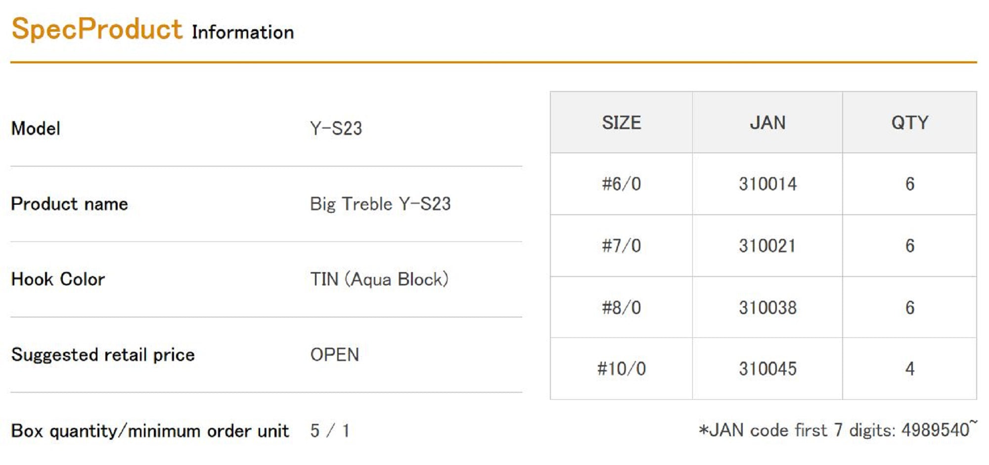 Decoy Y-S23 Treble Hook Heavy Duty Big Size 6/0 (0014)