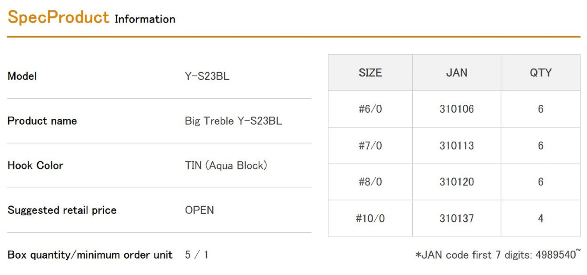 Decoy Y-S23 BL Treble Hook Heavy Duty Barbless Big Size 7/0 (0113)