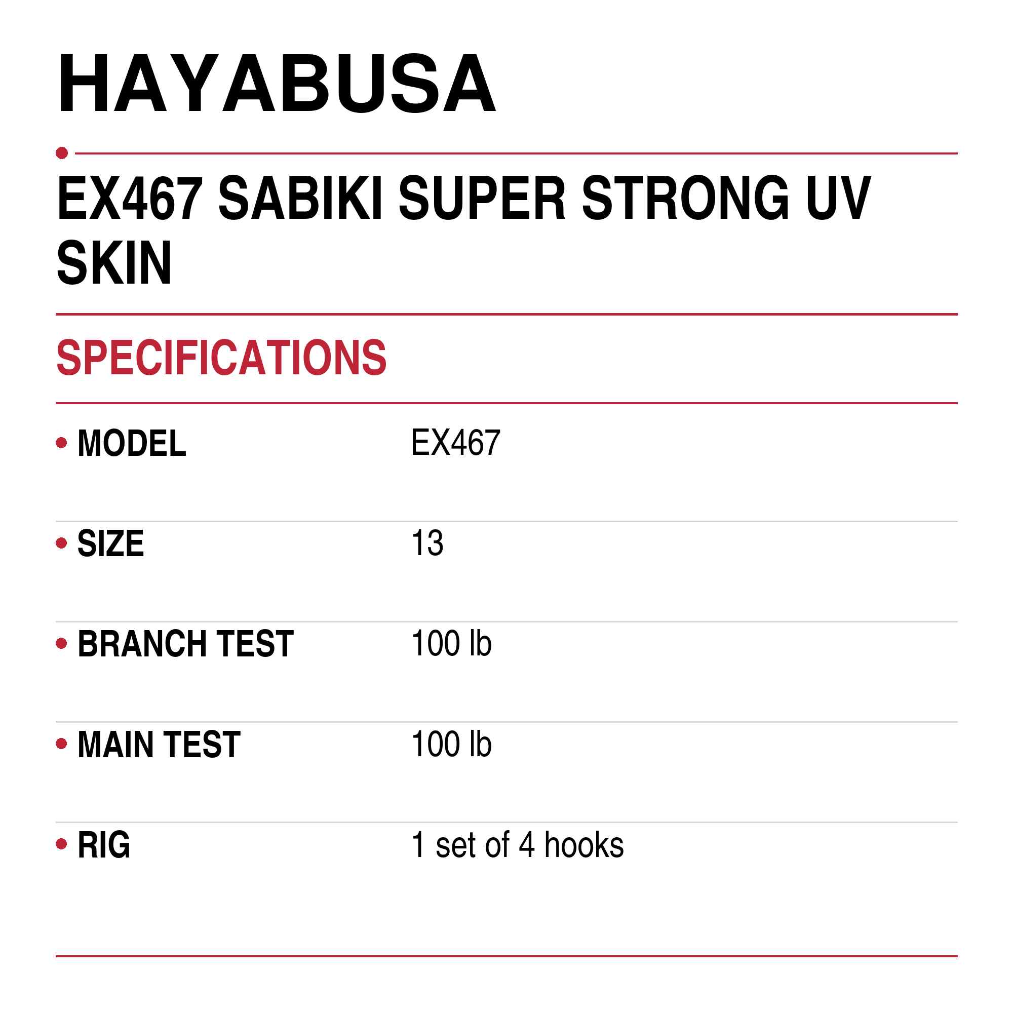 Hayabusa EX467 Sabiki Super Strong UV Skin Size 13 24lb (2244)