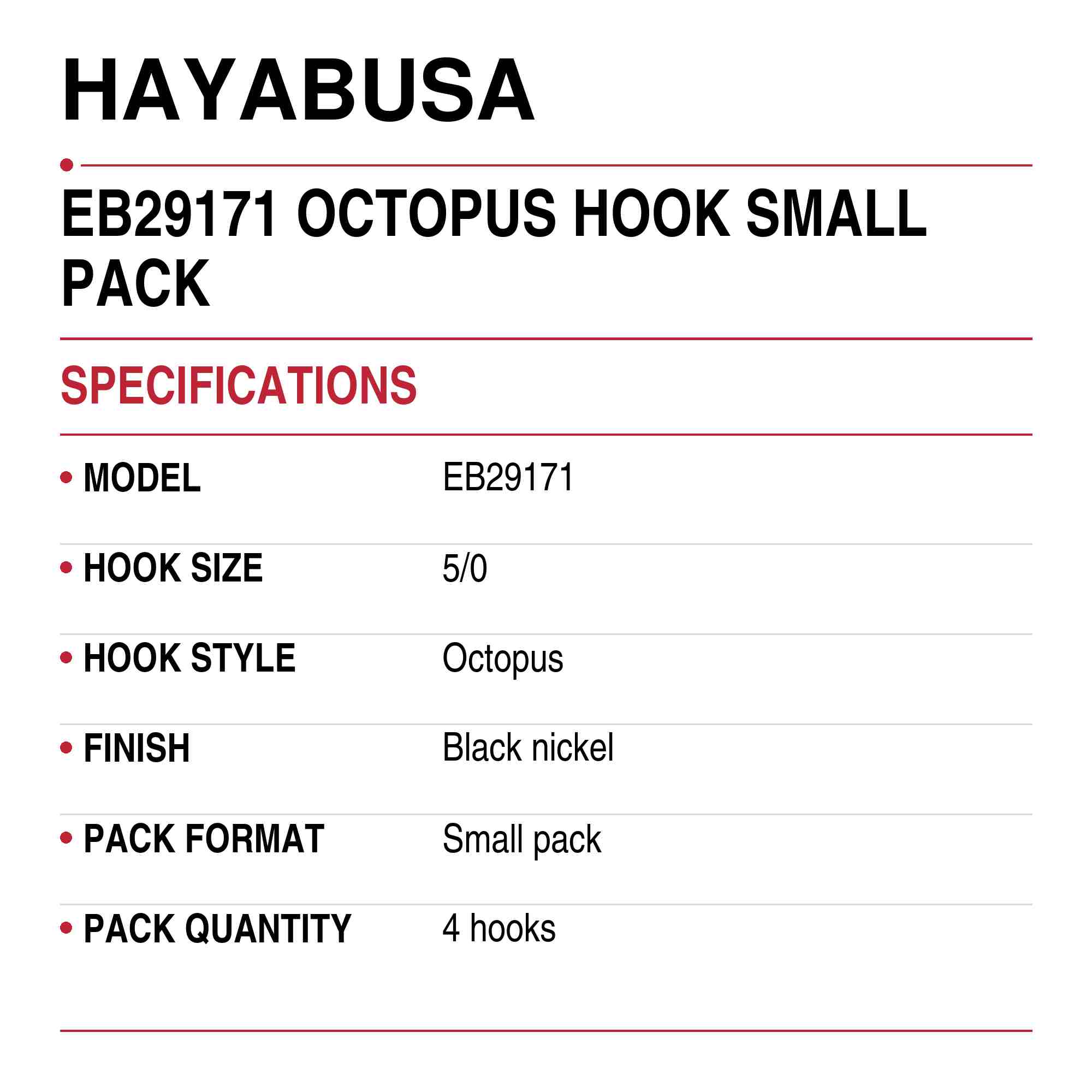 Hayabusa EB29171 Octopus Hook Small Pack Size 5/0 (0078)