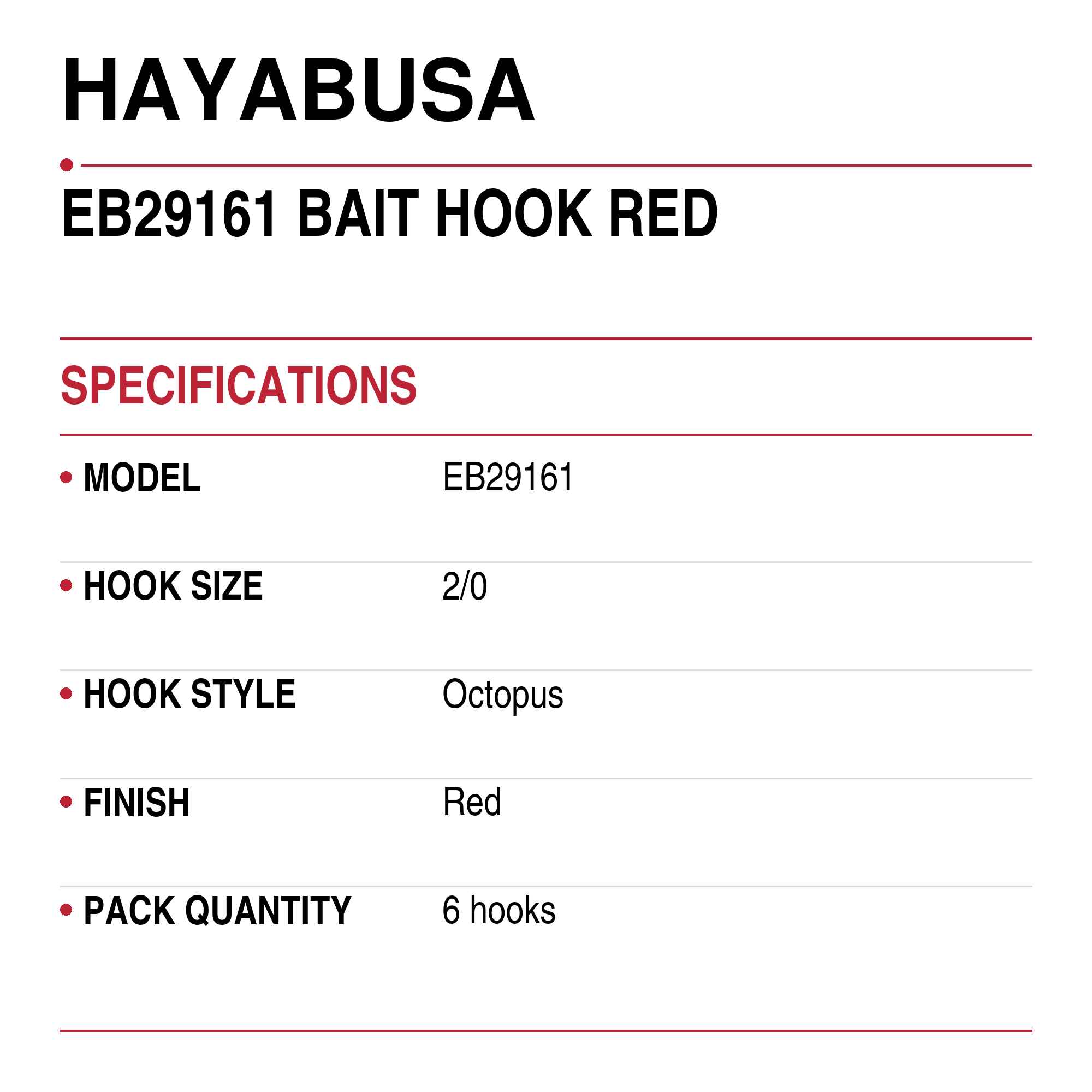 Hayabusa EB29161 Bait Hook Red Size 2/0 (1216)