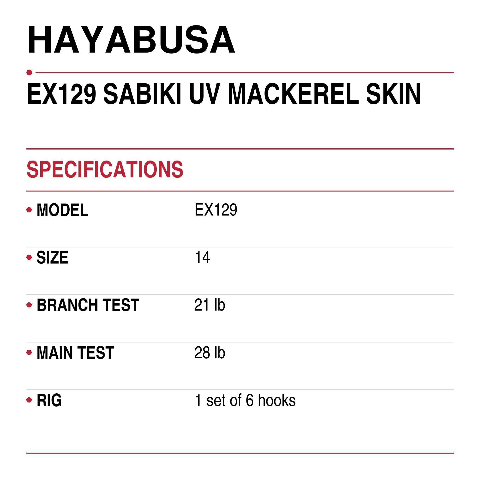 Hayabusa EX129 Sabiki UV Mackerel Skin Size 14 21lb (9125)