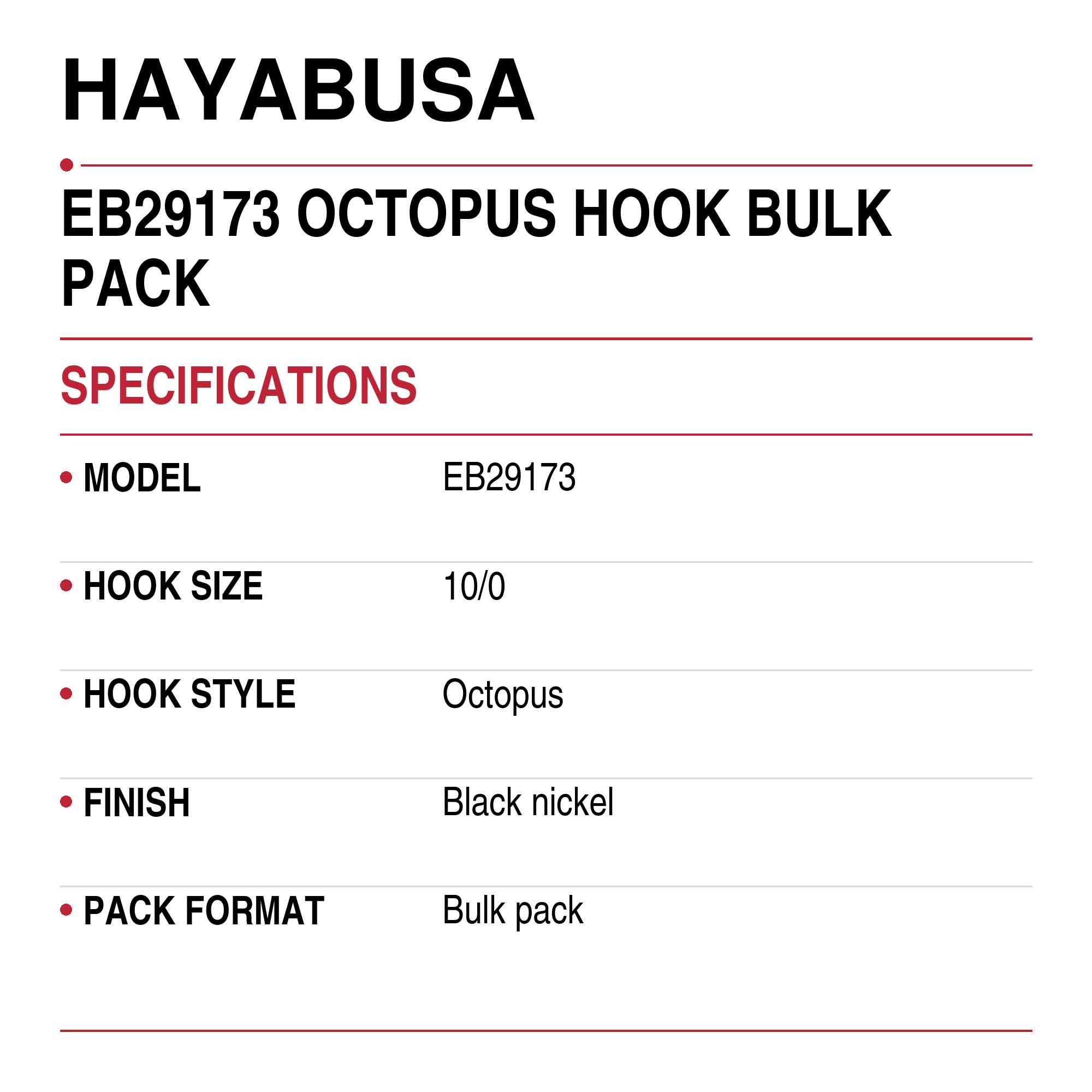 Hayabusa EB29173 Octopus Hook Bulk Pack Size 10/0 (0137)