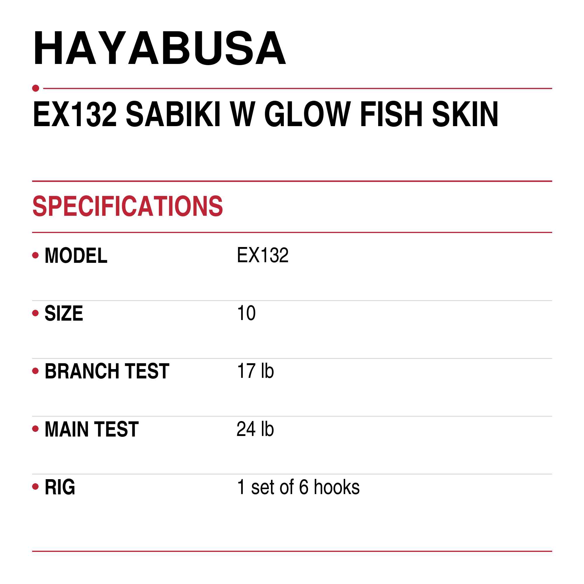 Hayabusa EX132 Sabiki W Glow Fish Skin Size 10 17lb (1765)