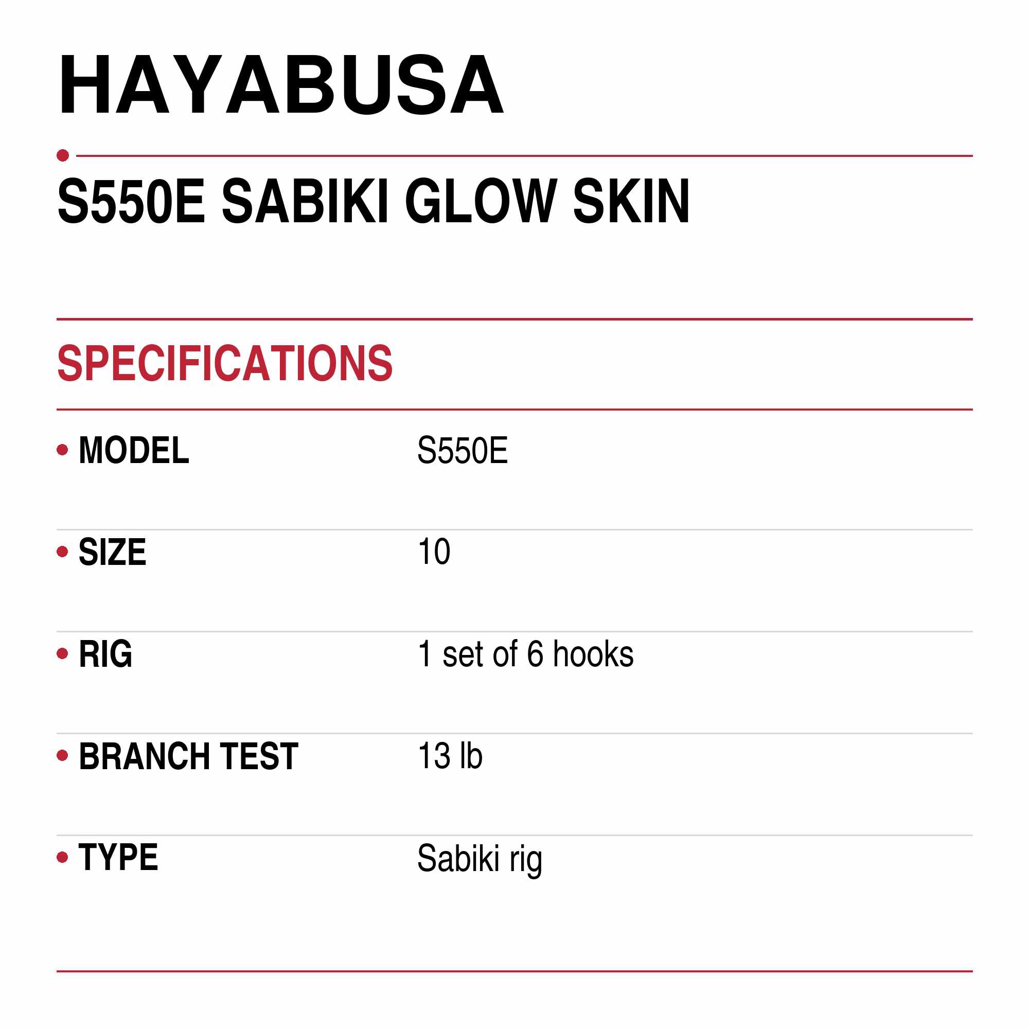 Hayabusa S550E Sabiki Glow Skin Size 10 13lb (6425)