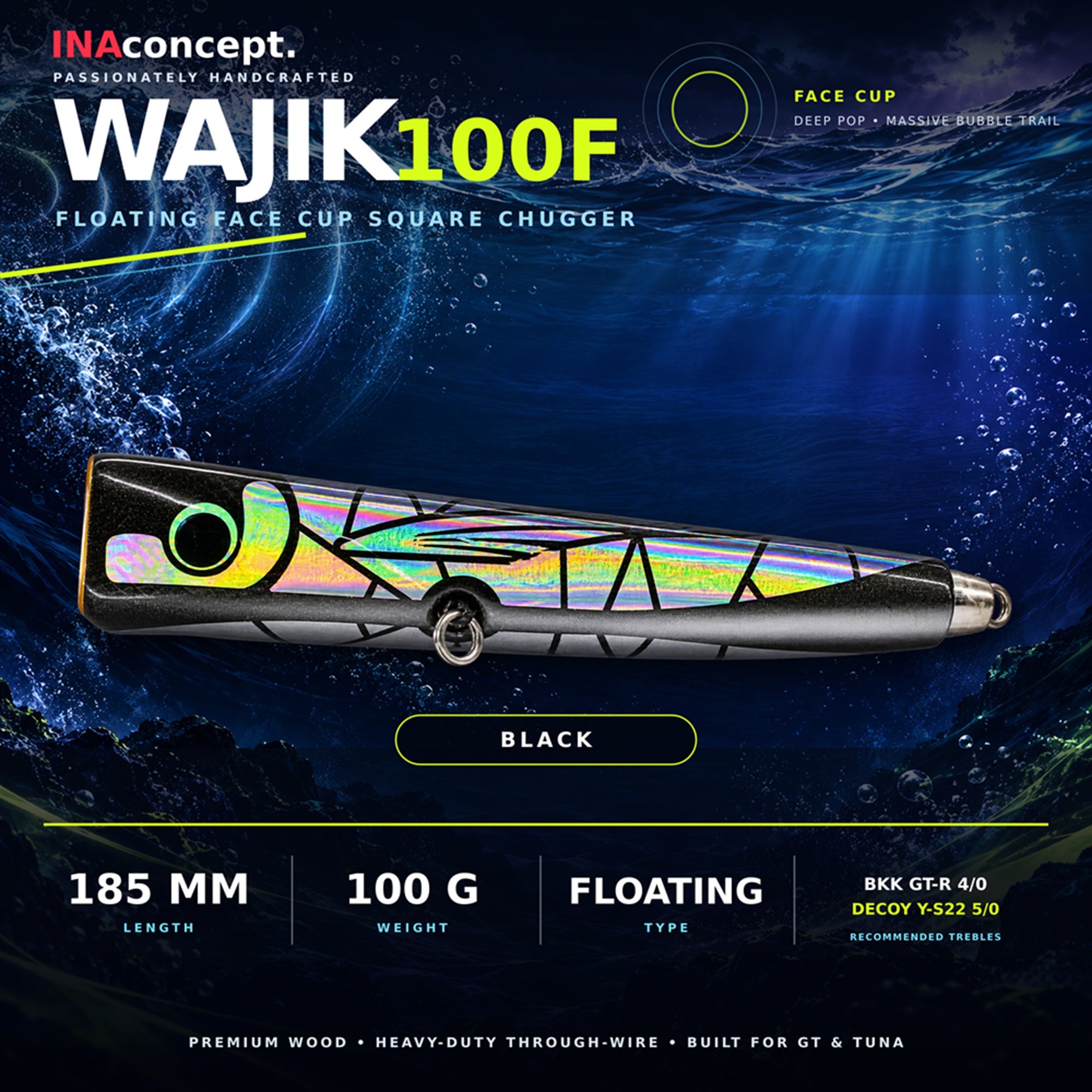 Ina Concept Wajik 185mm 100 grams Popper Floating Lure Black (4001)