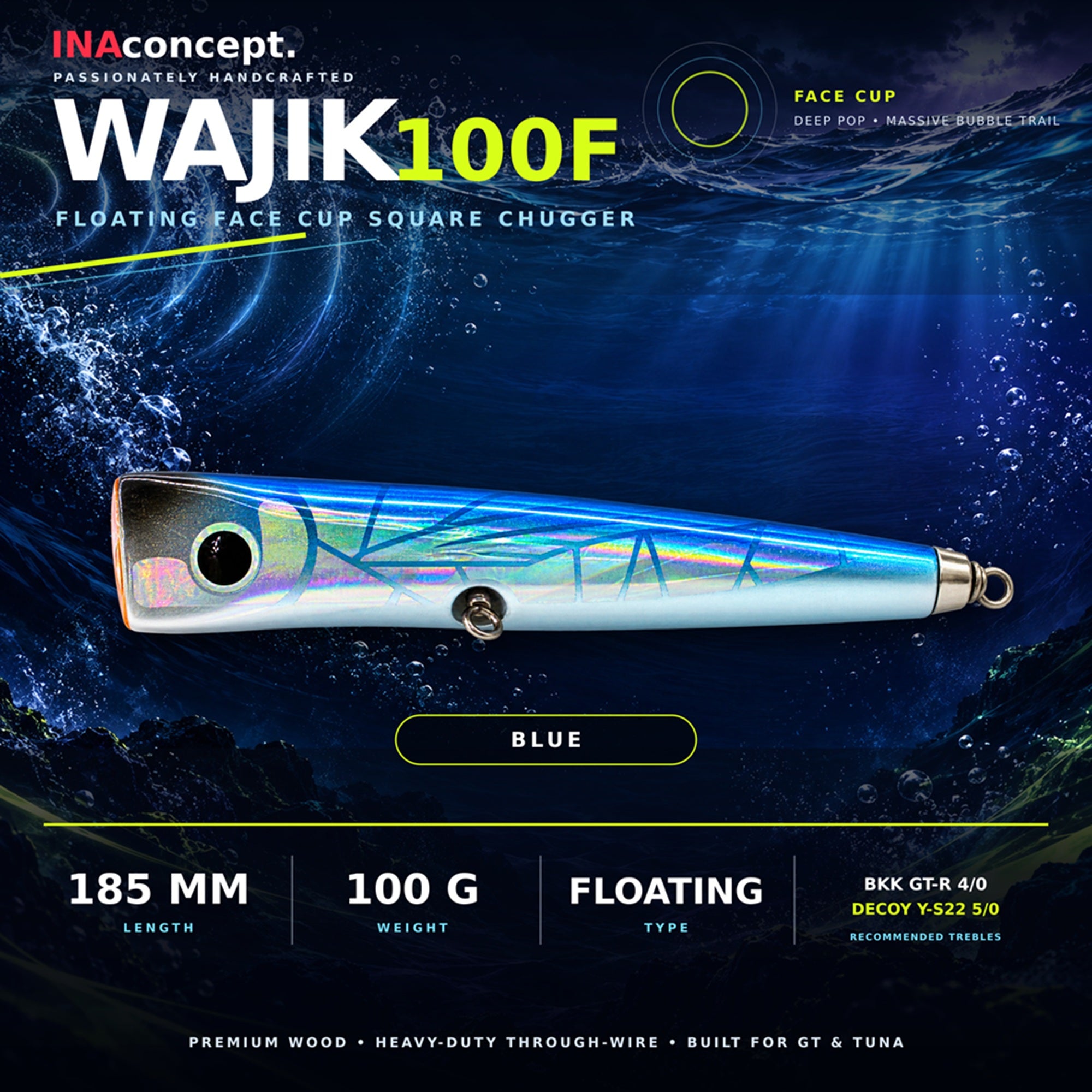 Ina Concept Wajik 185mm 100 grams Popper Floating Lure Blue (4002)