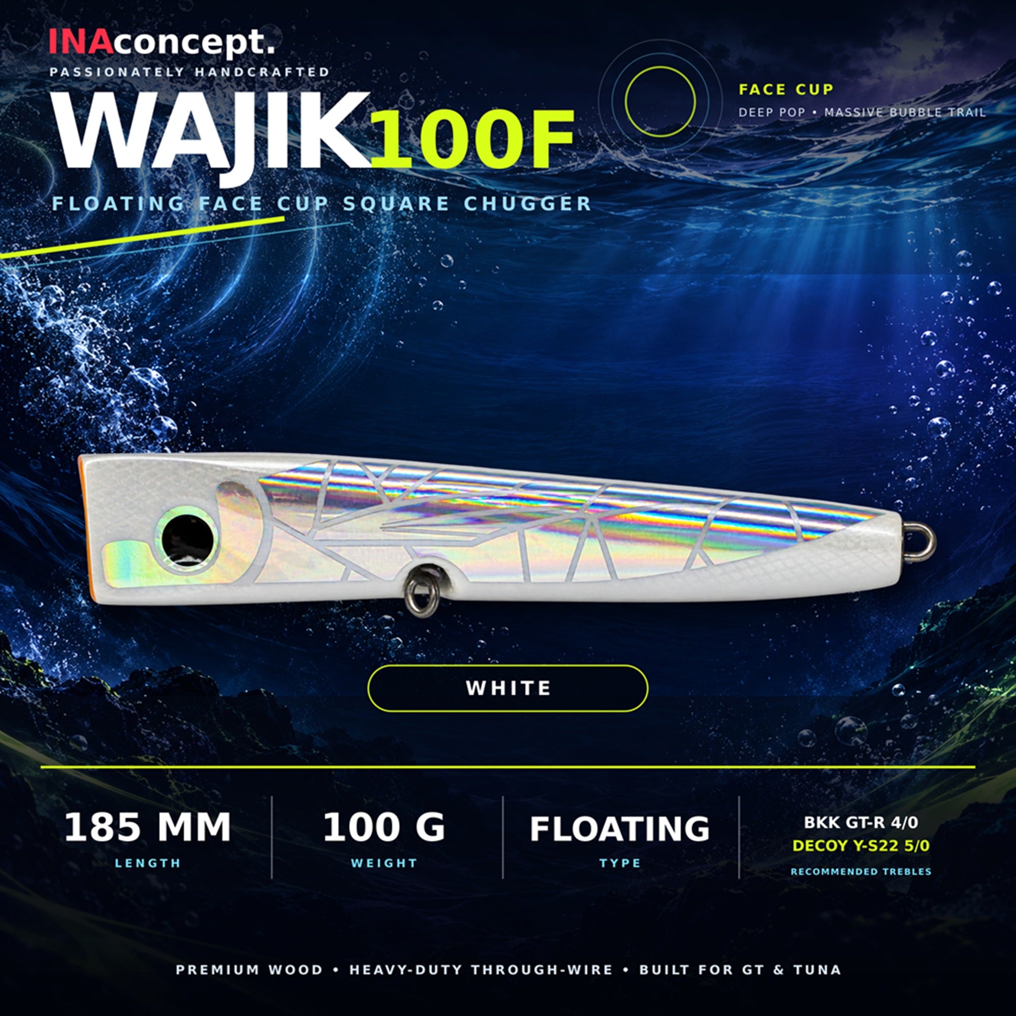 Ina Concept Wajik 185mm 100 grams Popper Floating Lure White (4003)