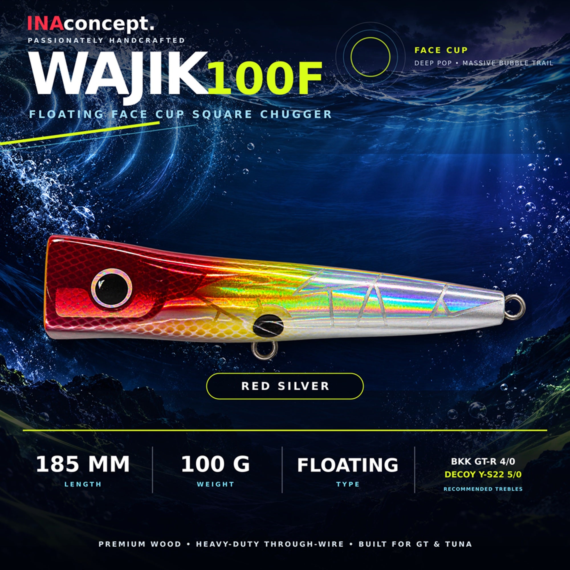 Ina Concept Wajik 185mm 100 grams Popper Floating Lure Red Silver (4005)