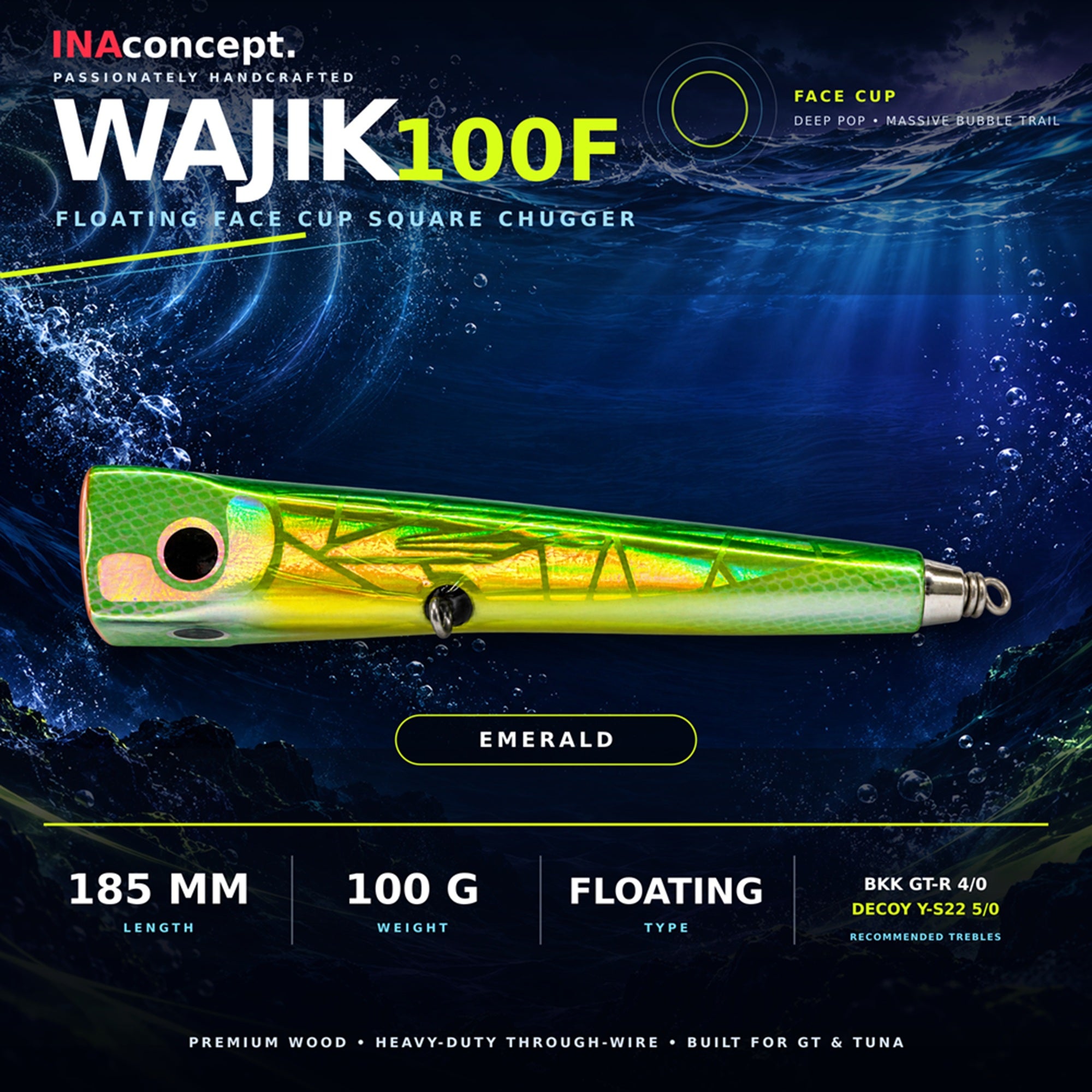 Ina Concept Wajik 185mm 100 grams Popper Floating Lure Emerald (4006)