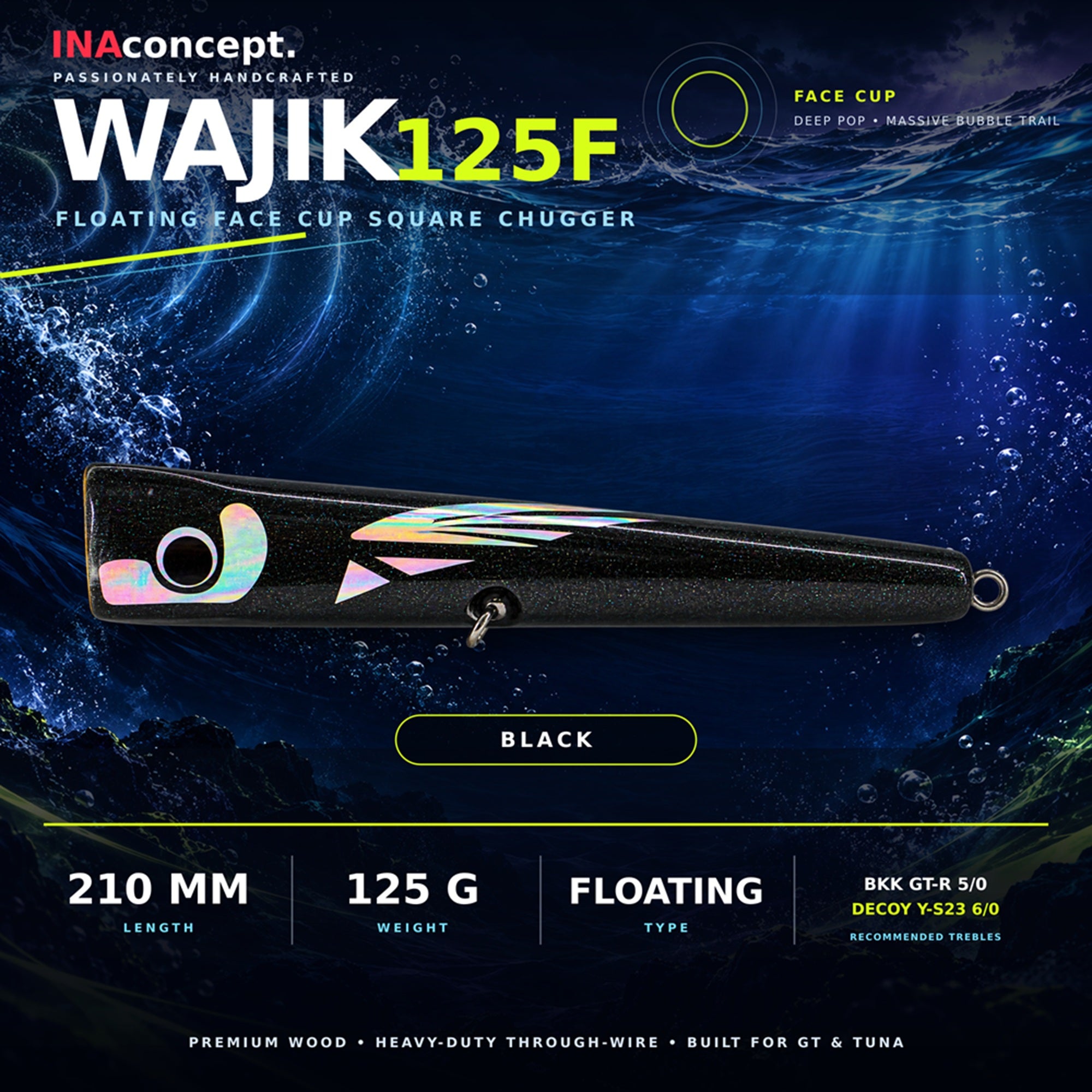 Ina Concept Wajik 210mm 125 grams Popper Floating Lure Black (4010)